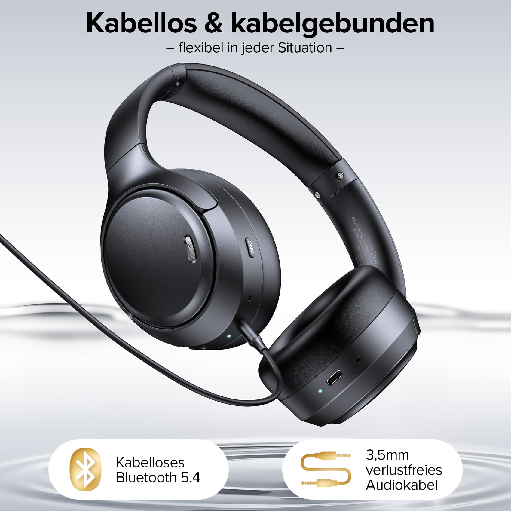 Bluetooth Over Ear Kopfhörer mit Hybrid ANC & 6 ENC Mikrofonen,120 Std Akku, Faltbares Design, Komfort Ohrpolster Kopfhörer Kabellose für Gaming, Musik, Homeoffice & Reisen