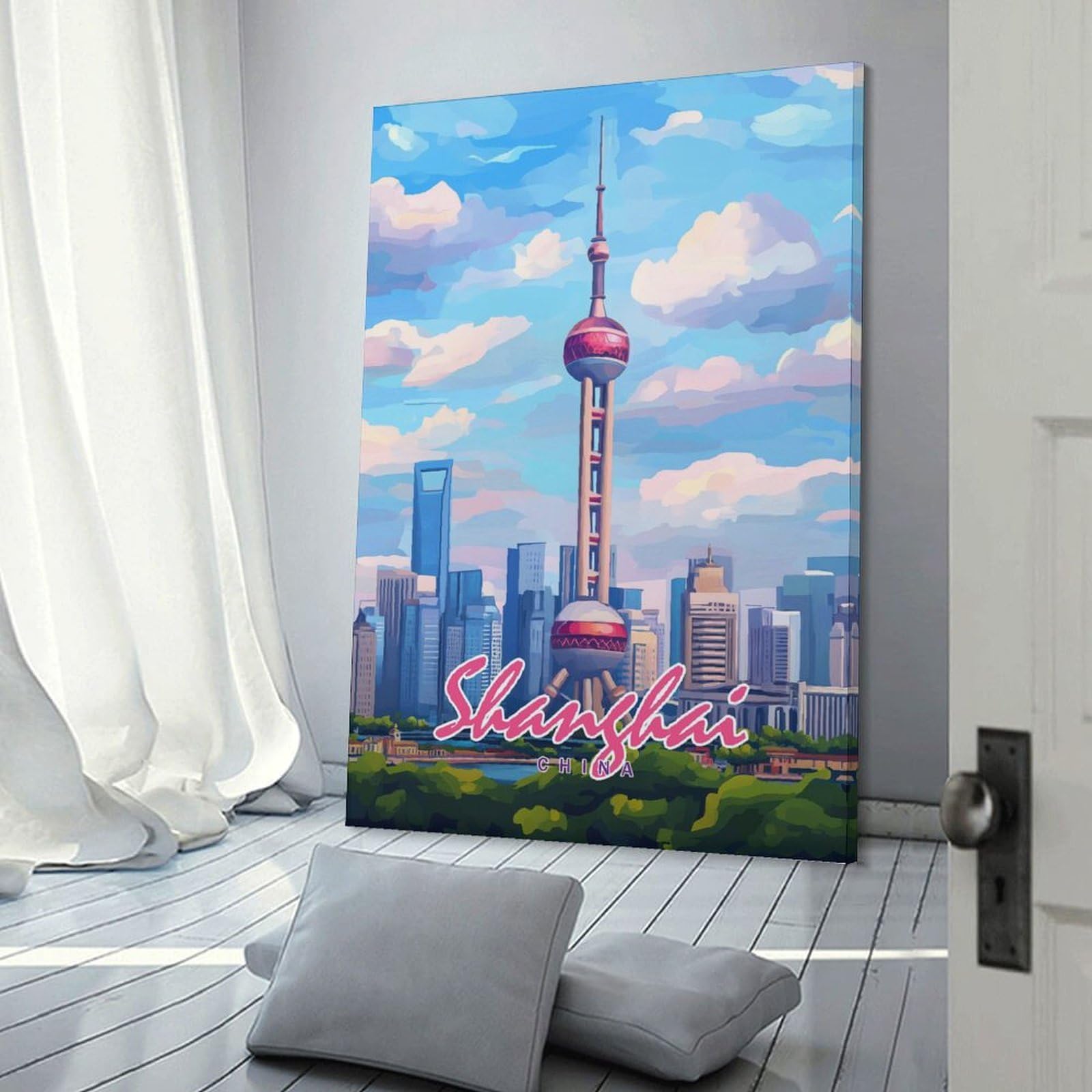 Junmoney Canvas Art Print Shanghai Skyline, 24x36inch(60x90cm), for Living Room, Bedroom Or Home Office, A Wall Art Gift for Fresh Interiors