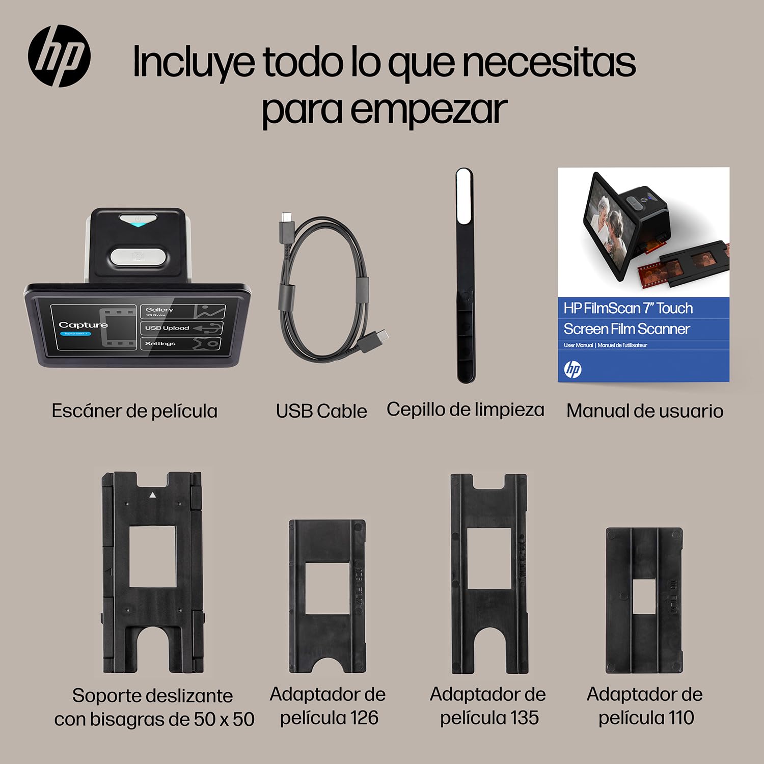 HP FilmScan - Digitalizador de película táctil y escáner deslizante con pantalla LCD ajustable de 7 pulgadas, convierte rápidamente negativos y diapositivas a fotos digitales JPEG de 22 MP, compatible