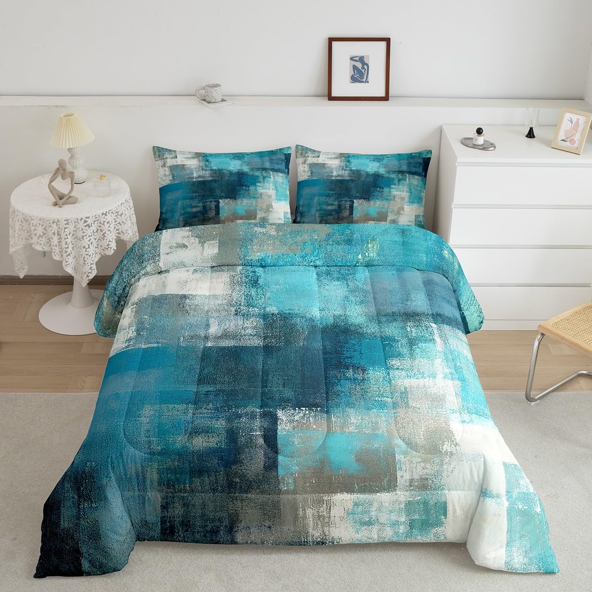 ErosebridalTurquoise Bedding Twin for Girls,Teal and Grey Ombre Comforter Set,Modern Watercolor Duvet Insert,Vintage Contemporary Artwork Quilt Comforter with 1 Pillowcase Simple Mid Century Decor