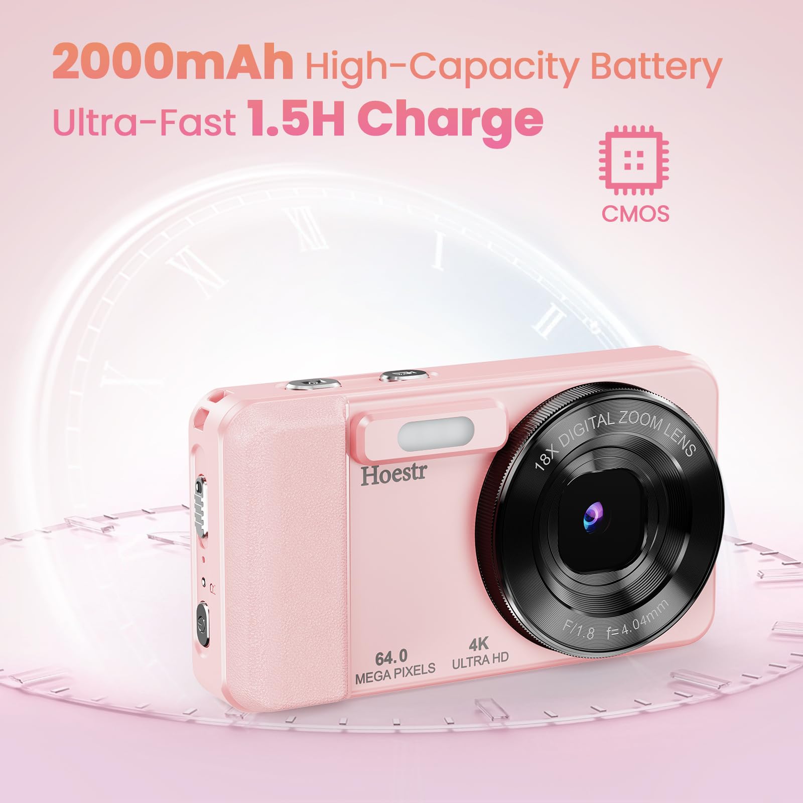 Fotocamera digitale da 64 MP 4K, zoom 18x, fotocamera compatta con messa a fuoco automatica, con scheda TF da 64 GB, flash, schermo LCD da 2,8 pollici, per adolescenti, adulti, principianti