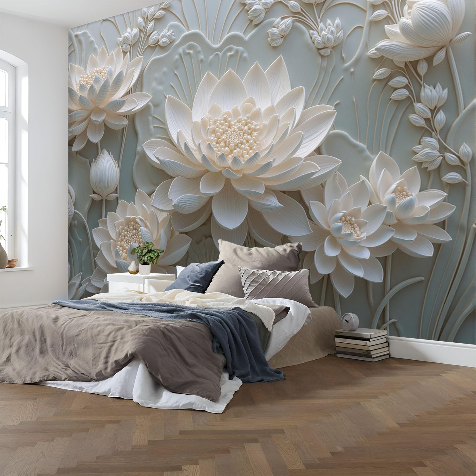 Papier peint panoramique texture végétale naturelle crème lotus oriental 3D salon