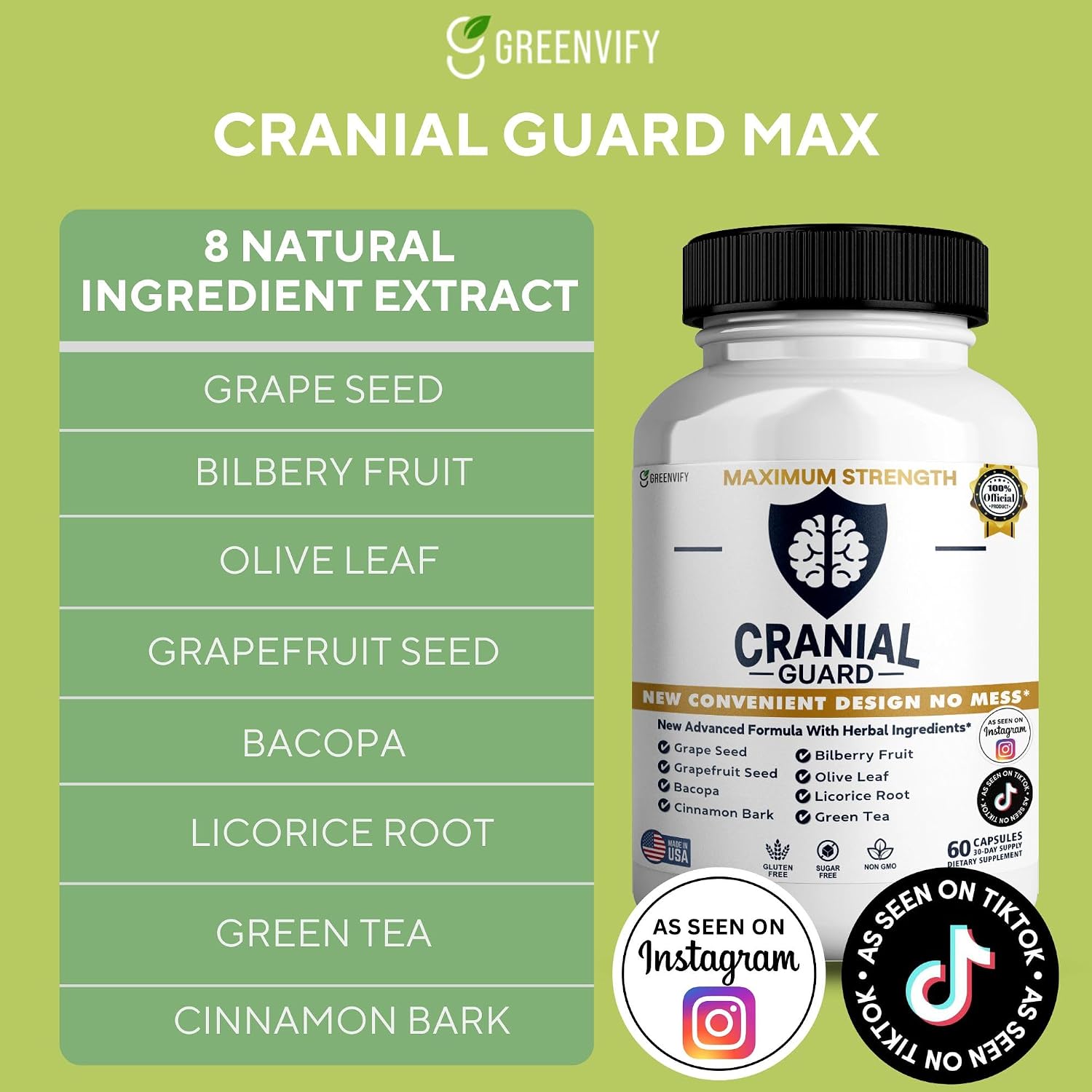 Cranial Guard Maximum Strength Brain Support Supplement, 60 Capsules, 30 Day Supply with Vitamins & Herbal Ingredients (5)