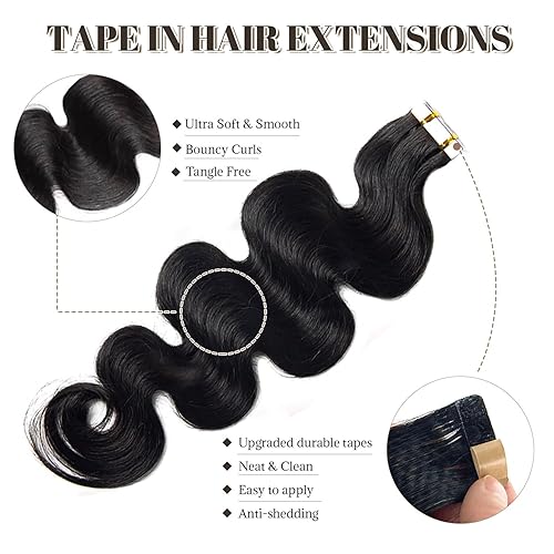 Miniatura 3 de Extensiones de cabello humano con cinta adhesiva de 24 pulgadas, extensiones de cabello humano ondulado negro natural, extensiones de cabello humano
