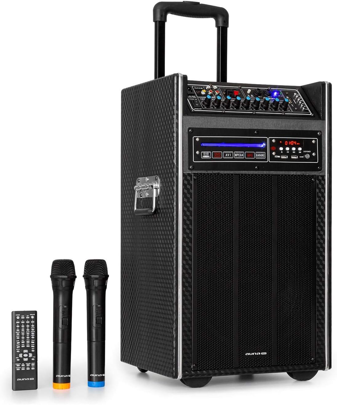 auna pro DisGo Box DVD - Mobile PA System with Built-in DVD Player, 300 W Max., 2 x 10" (25.5 cm) Subwoofer, Bluetooth, USB, SD Slot, Wireless UHF Radio Microphone, Battery, Remote Control, Black