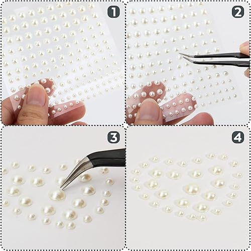 Miniatura 6 de Nicpro - 2475 calcomanías de perlas autoadhesivas, 4 tamaños, para maquillaje, gemas de perlas blancas, decoración para cara, cuerpo, uñas, cabello,