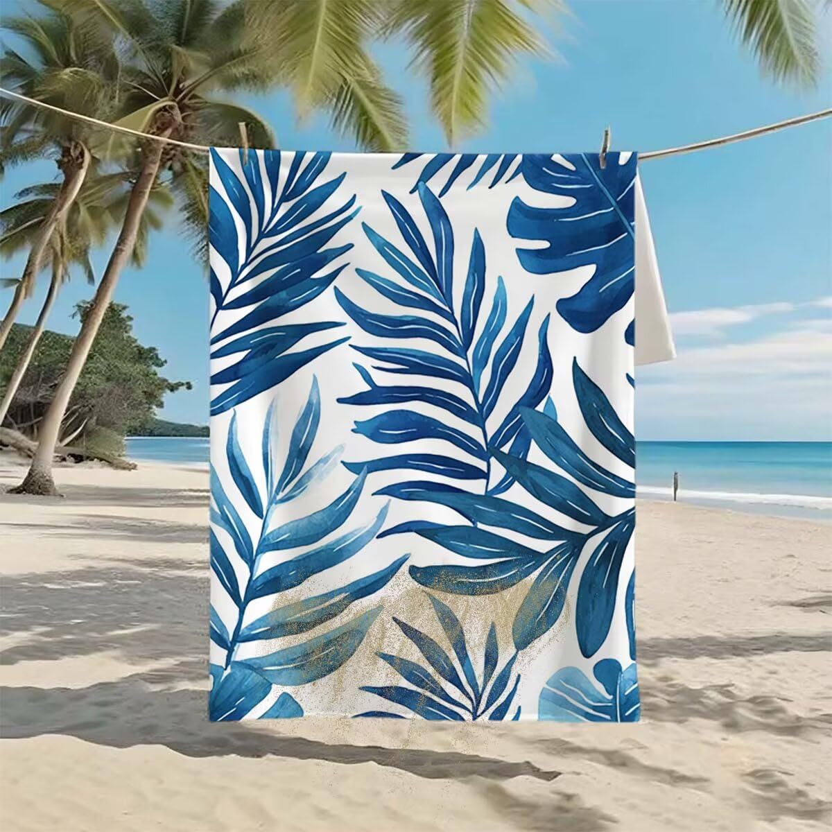Telo Mare Microfibra 2 Set Telo Mare Grande 220x100cm/35x70cm Asciugamano Palestra Uomo, Leggero Antisabbia Asciugatura Rapida Vacanze Teli da Spiaggia per Piscina, Regalo Donna Uomo (Foglie) F-11