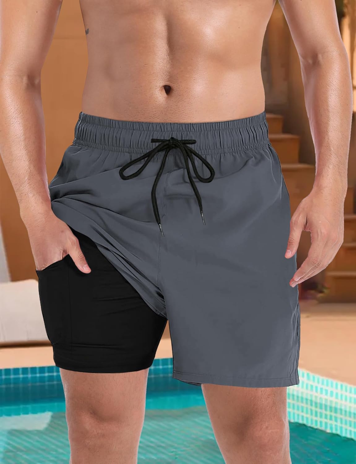 Buauty Mens Swim Trunks with Compression Liner 5 Inch Inseam Quick Dry Swim Shorts Mens Swimsuit Board Shorts with Pockets - Image 6