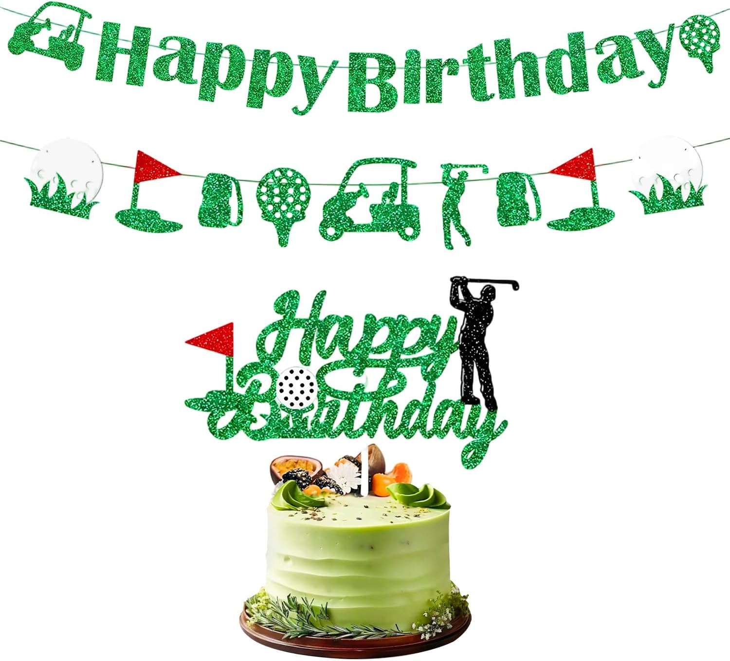 Golf Birthday Decorations, Glitter Happy Birthday Banner & Golf Cake Decorations, Sports Theme Party Decor for Golf Ball Player, Golf Themed Party Decorations for Man Boy Girl