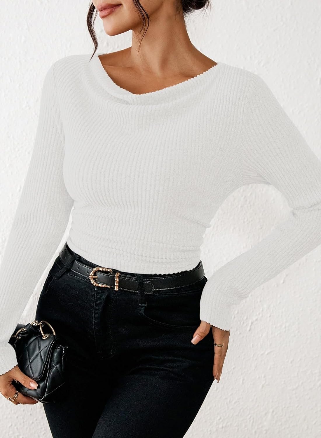 Pink Queen 2026 Spring Cowl Neck Tops for Women Long Sleeve Ruched Slim Fit Ribbed Knit Basic Shirts - Image 7