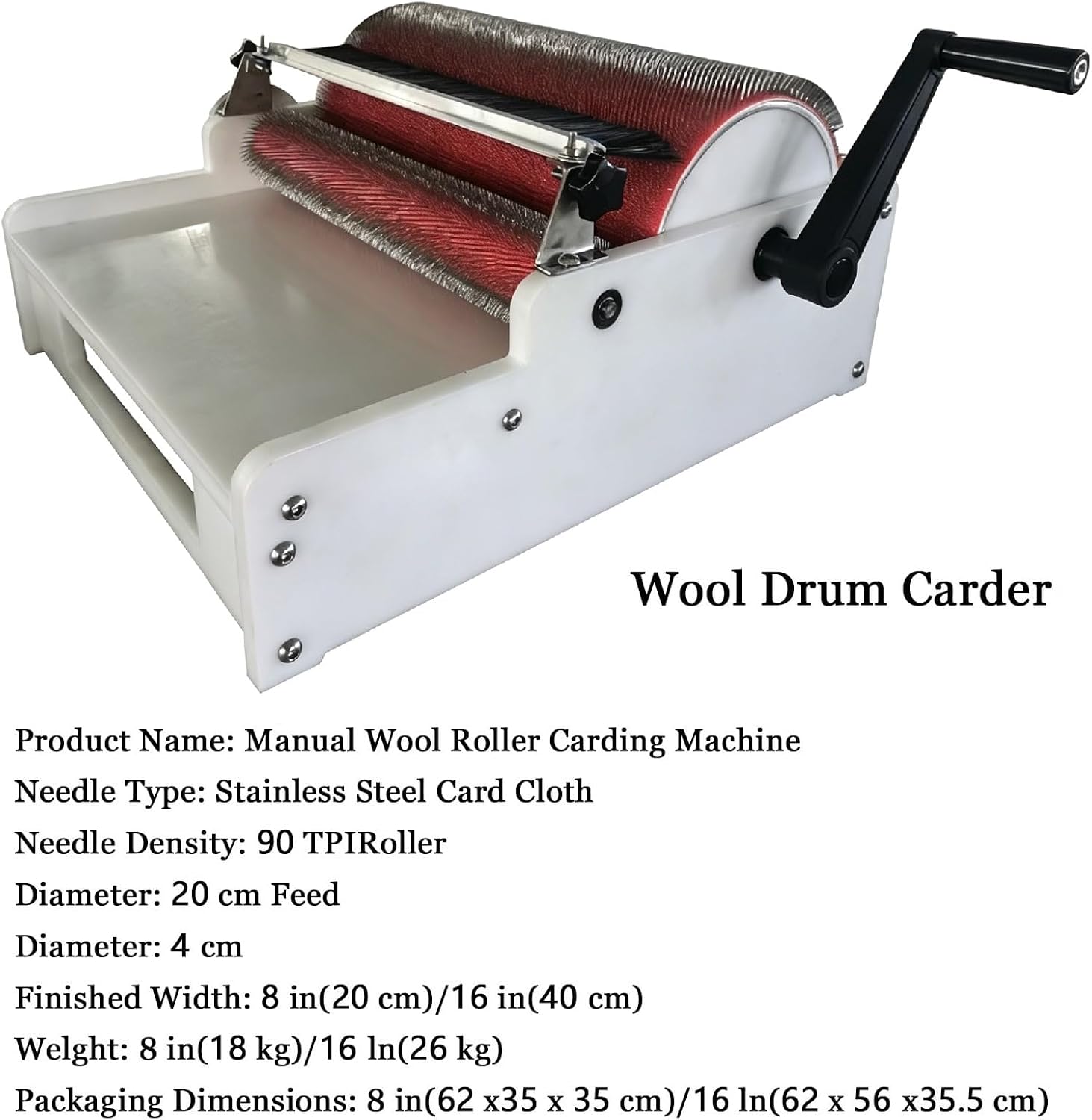 Professional Drum Carder, Stainless Steel Hand Carder Machine, Smooth Color Mixing, 1:5 Gear Ratio, Heavy Duty Alloy Construction, Bearing Drive, for Craft Lovers and Unique Fiber Art(20cm/8 in)