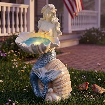 12" Mermaid Garden Lighting Statue Art, Solar Night Light, Yard Sculpture, Outdoor Lawn Solar Decor, Powered Statue, Landscape Path Light Ornament Figurine, Vivid Mermaid Lamp