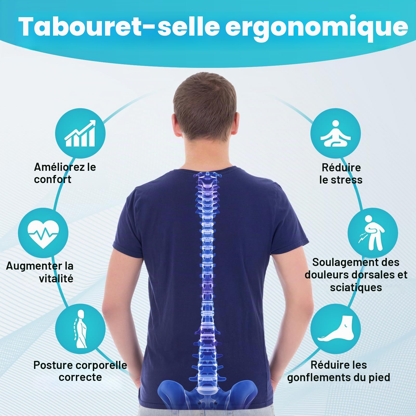 Tabouret ergonomique - Chaise confortable avec un large coussin de selle pivotant et réglable avec roulettes et pédale à anneau pour médecine, massage, salon, bureau et maison (noir)