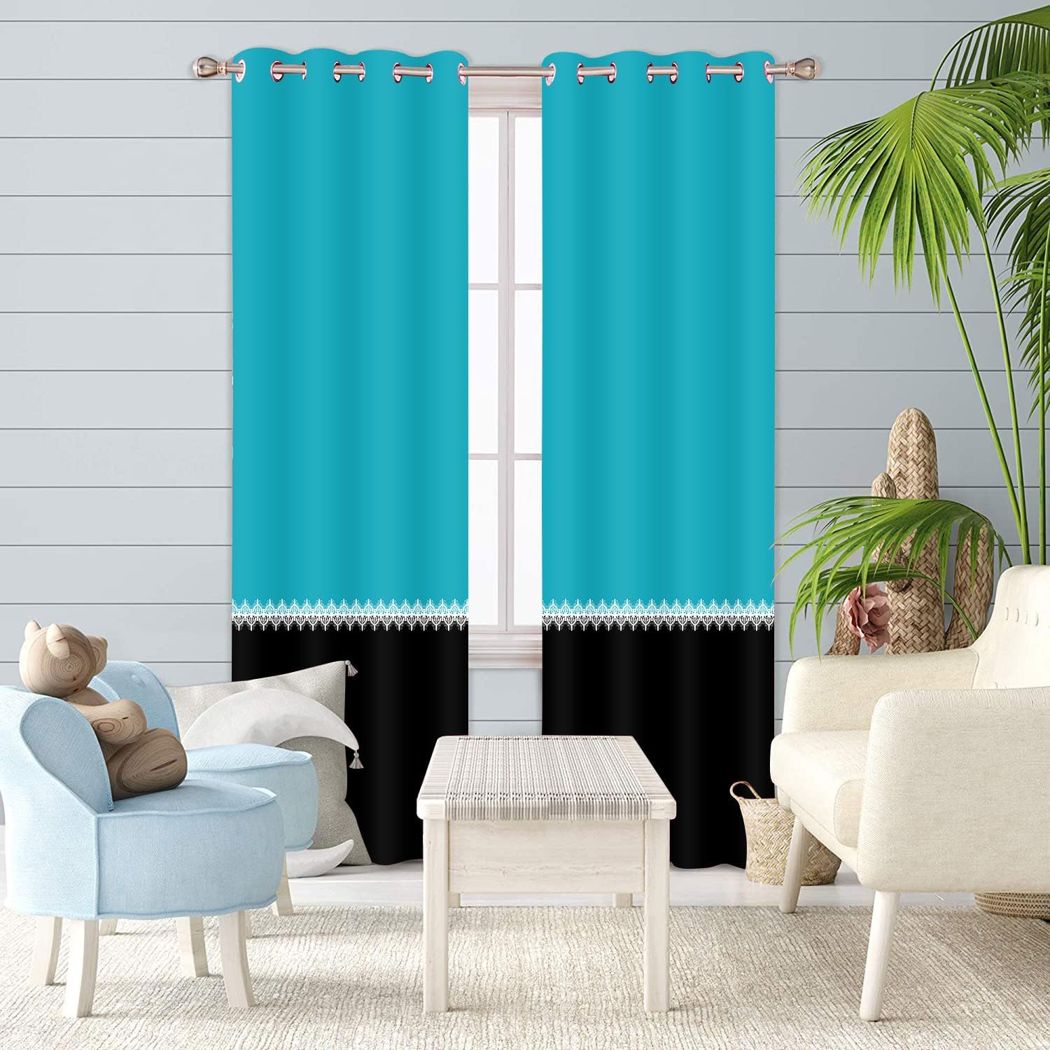 BSPPTI Turquoise Black Window Curtains Panel 84 inches Long Farmhouse Drapes for Bedroom Living Room Blackout Curtains 2 Panels Darkening Treatment with Grommet Set of Turquoise Black