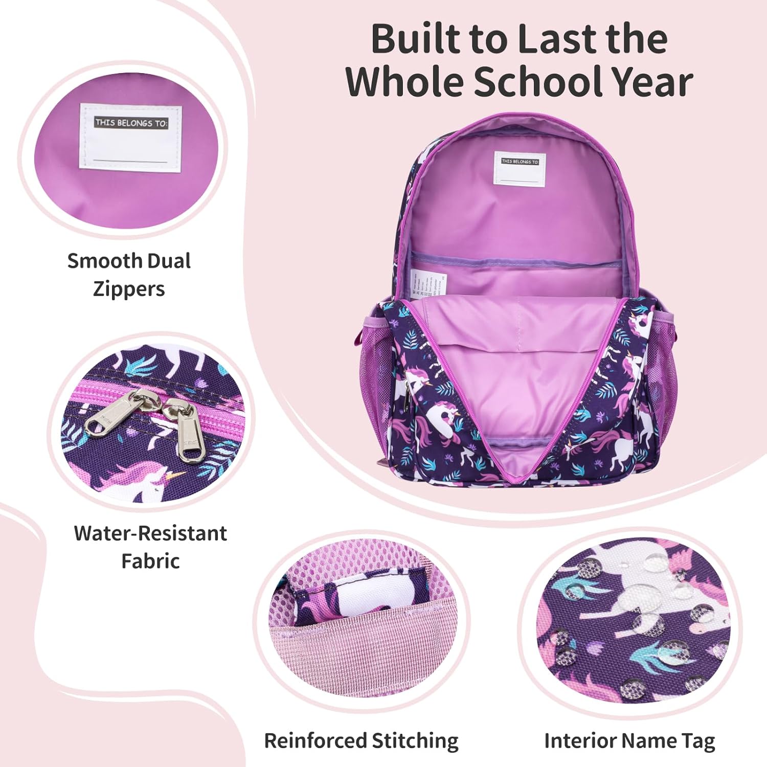 Kids Backpack for Girls Kindergarten - 15 Inch Lightweight School Bookbag fits Folder, Unicorn Backpack for Kids 4-7 with Leakproof Insulated Pocket for Lunch and Snacks, Deep Purple