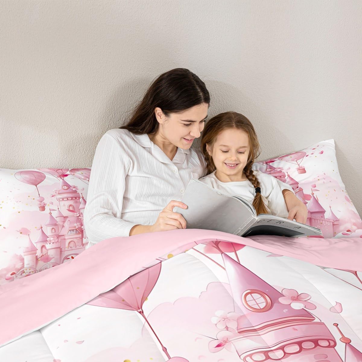 Feelyou Kids Pink Castle Comforter Set Full Size, Princess Bedding Set Boys Girls Fairy Tales Duvet Insert Teens Bedroom Decor 3Pcs