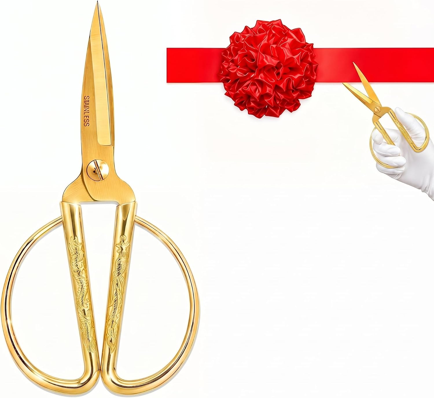 Single Person Ribbon Cutting Kit Gold Scissors Red Ribbon Flower Ball Gloves