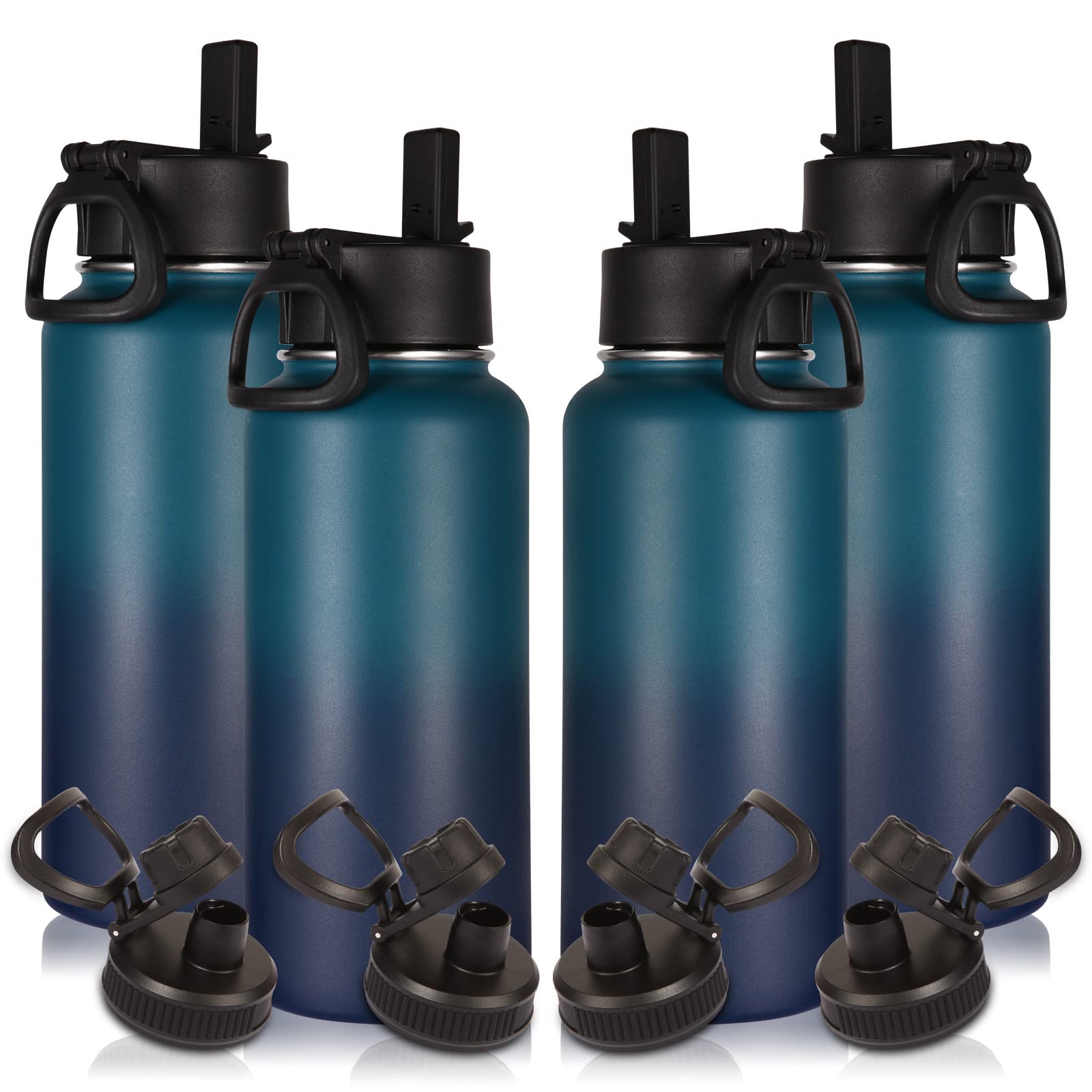 Volhoply 1000ml Trinkflasche Edelstahl, 1 Liter vakuumisolierte doppelwandige Thermosflasche mit Strohhalm und Griff, inkl. 2 Deckeln, BPA-frei Isolierflasche für Outdoor Sport(Nachtschwarz,4er-Set)