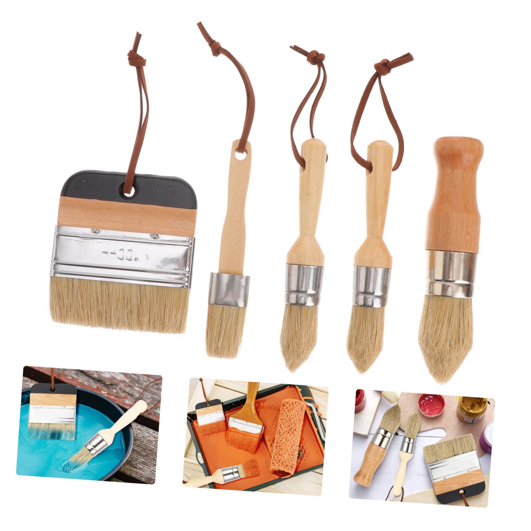 Lurrose Set de Pinceaux Ronds à Poils de Sanglier, Manche Bois, 5 Pièces