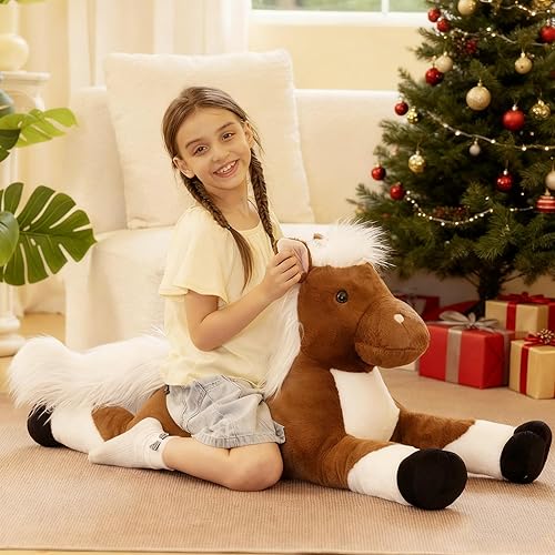 Miniatura 5 de Tezituor Animales de peluche de caballo gigante de 43.3 pulgadas con pelo largo, juguetes de caballo de peluche realistas para montar, almohada de