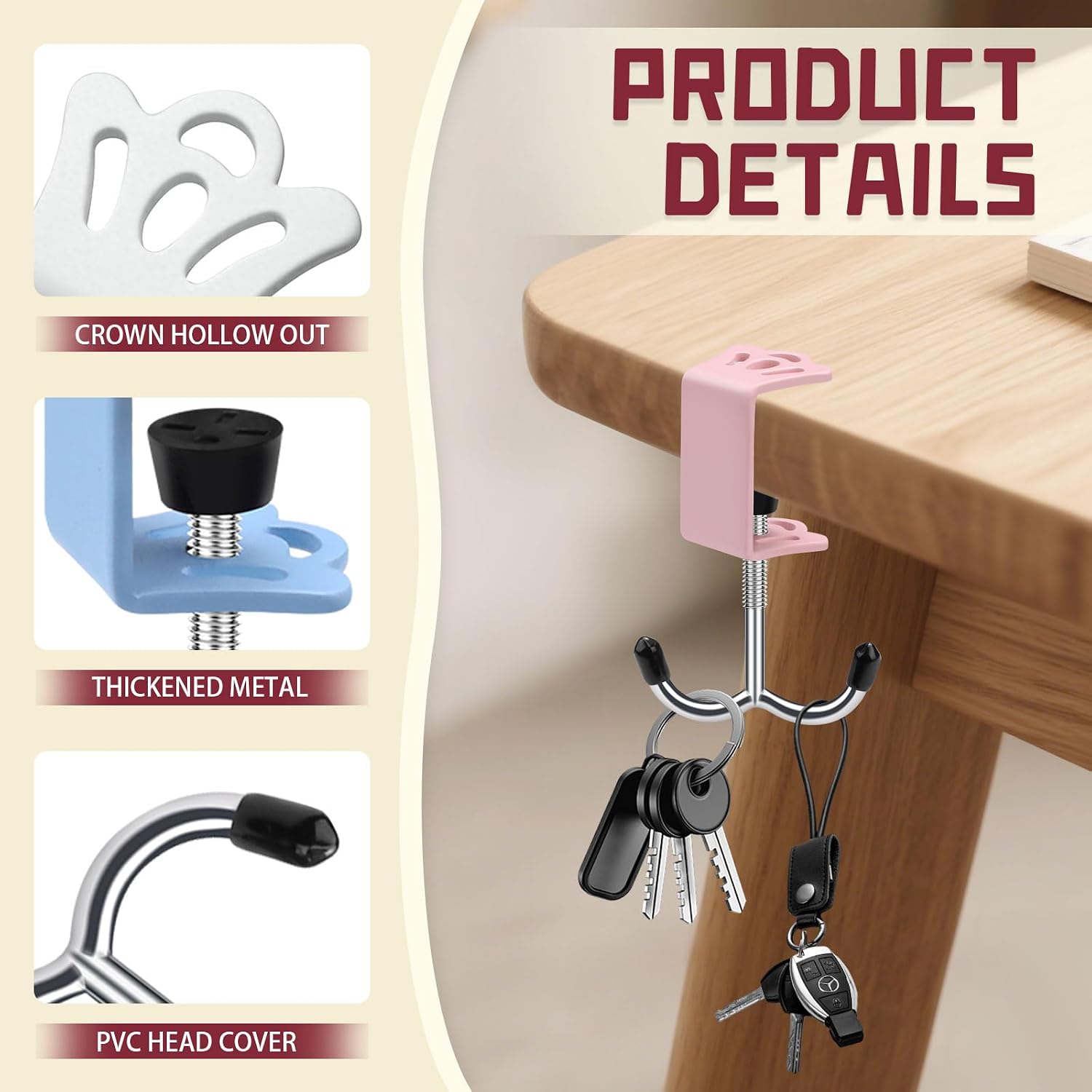 4 Pack Purse Hook for Table, Clamp-On Anti-Scratch Purse Hanger, Metal Bag Holder Under Desk for Handbag, Backpack, Headphone, Umbrella, Double Hooks