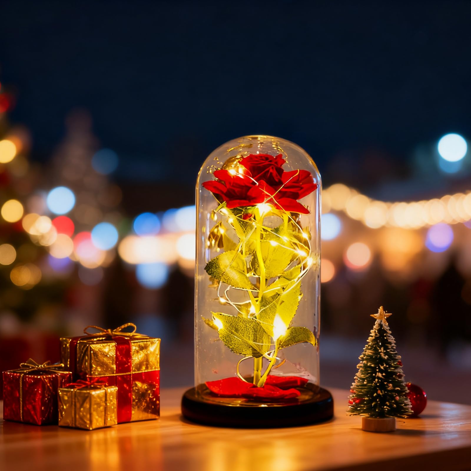 Eeuwige roos in een glas, Beauty and the Beast, roos in glazen koepel, glinsterende Galaxy Rose met led-lampen, cadeau voor vrouw, oma, verjaardag, vriendin (rood