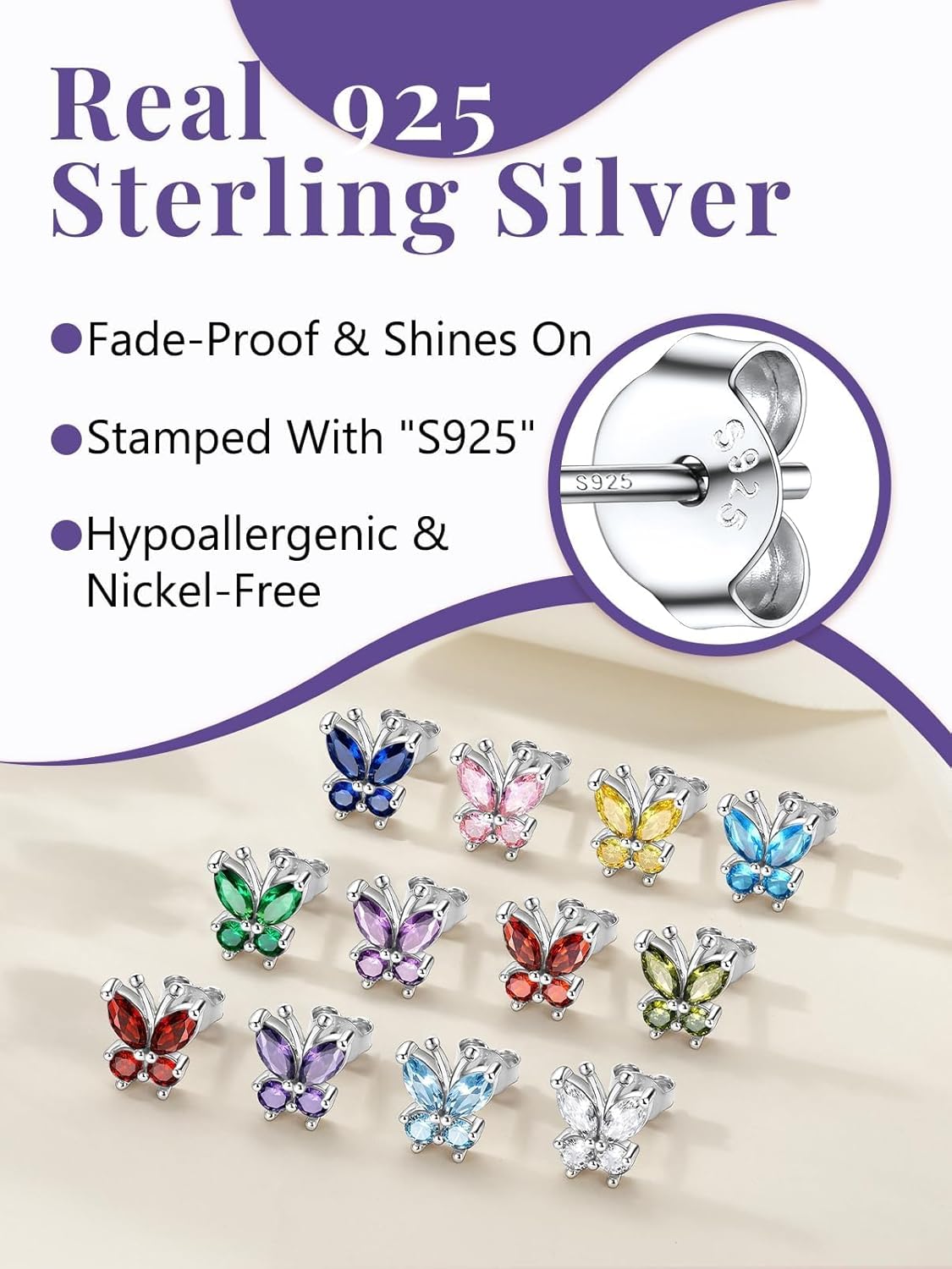 Silvora Birthstone Earrings for Women, 925 Sterling Silver Butterfly Stud, Small Butterfly Earrings Birthstone Jewelry - Image 6