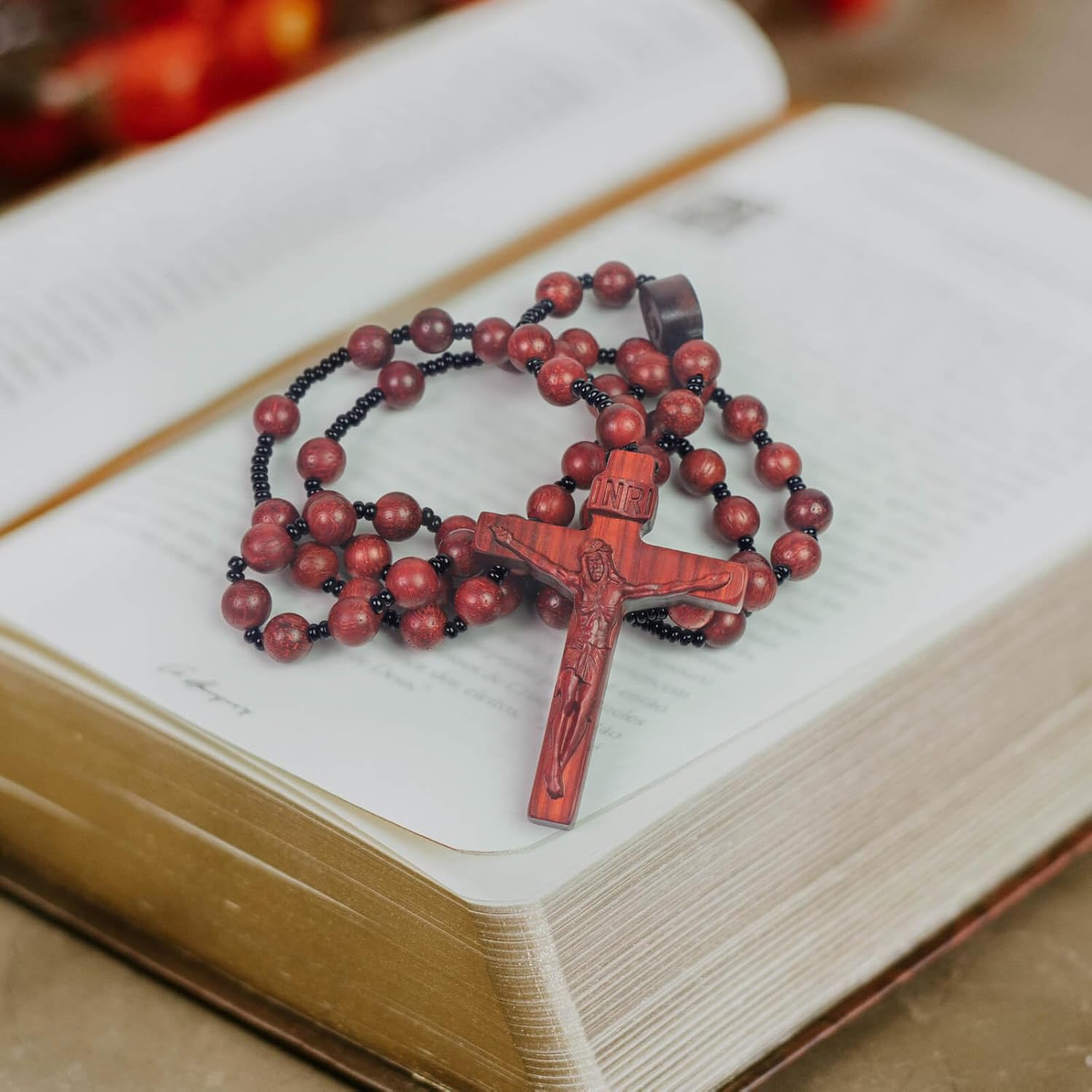 Catholic Wooden Cross Necklace for Men - Women's Handmade Rosary Beads Jesus Pendant Necklace,Ideal Crucifix Gifts For Christian to Prayer - Image 4