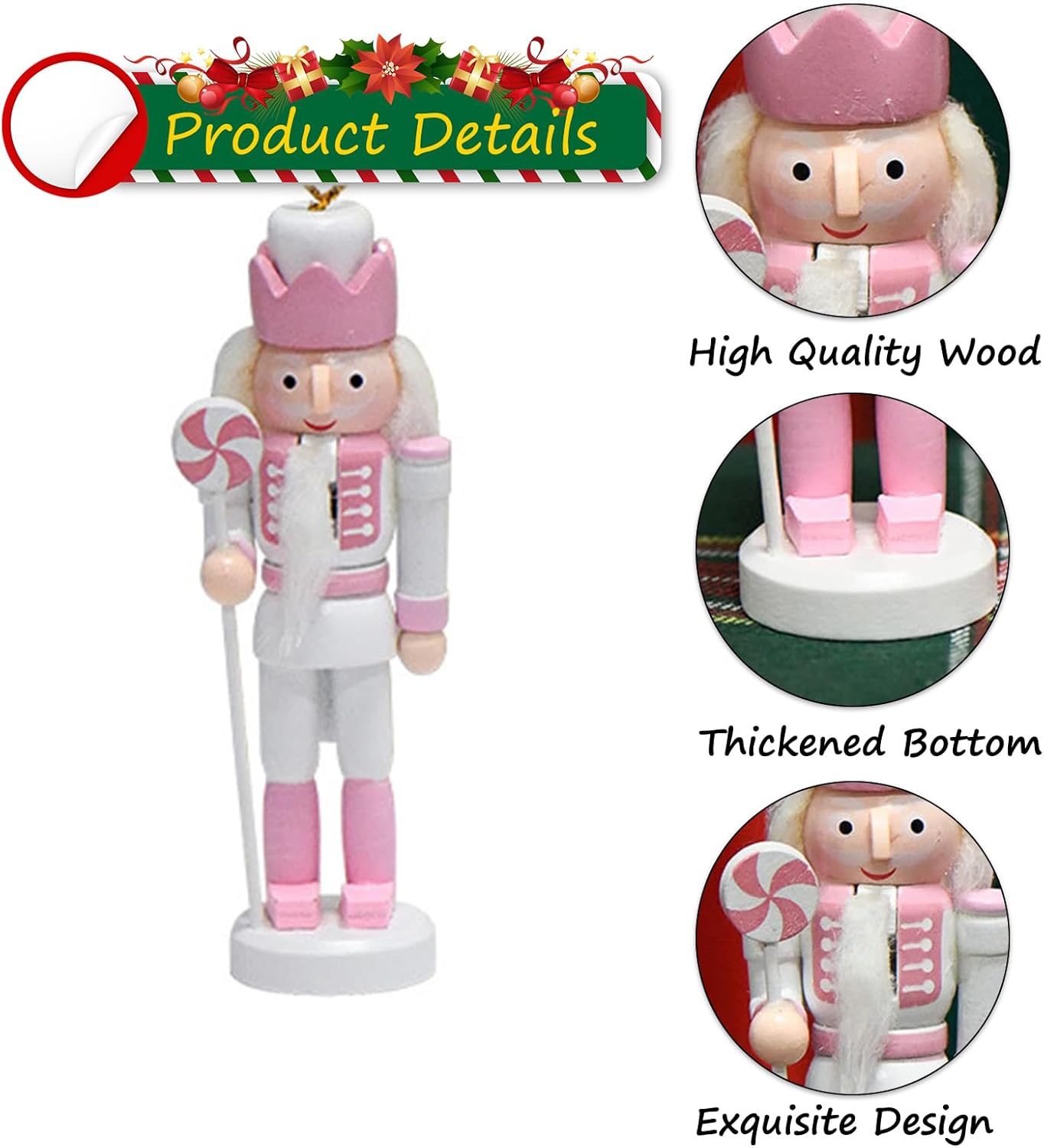 5 PCS Christmas Nutcracker Ornament Set Wooden Nutcrackers Hanging Decoration Nutcracker Figures Christmas Decorations for Xmas Tree, Table Decor, Wall(Pink) - Image 4