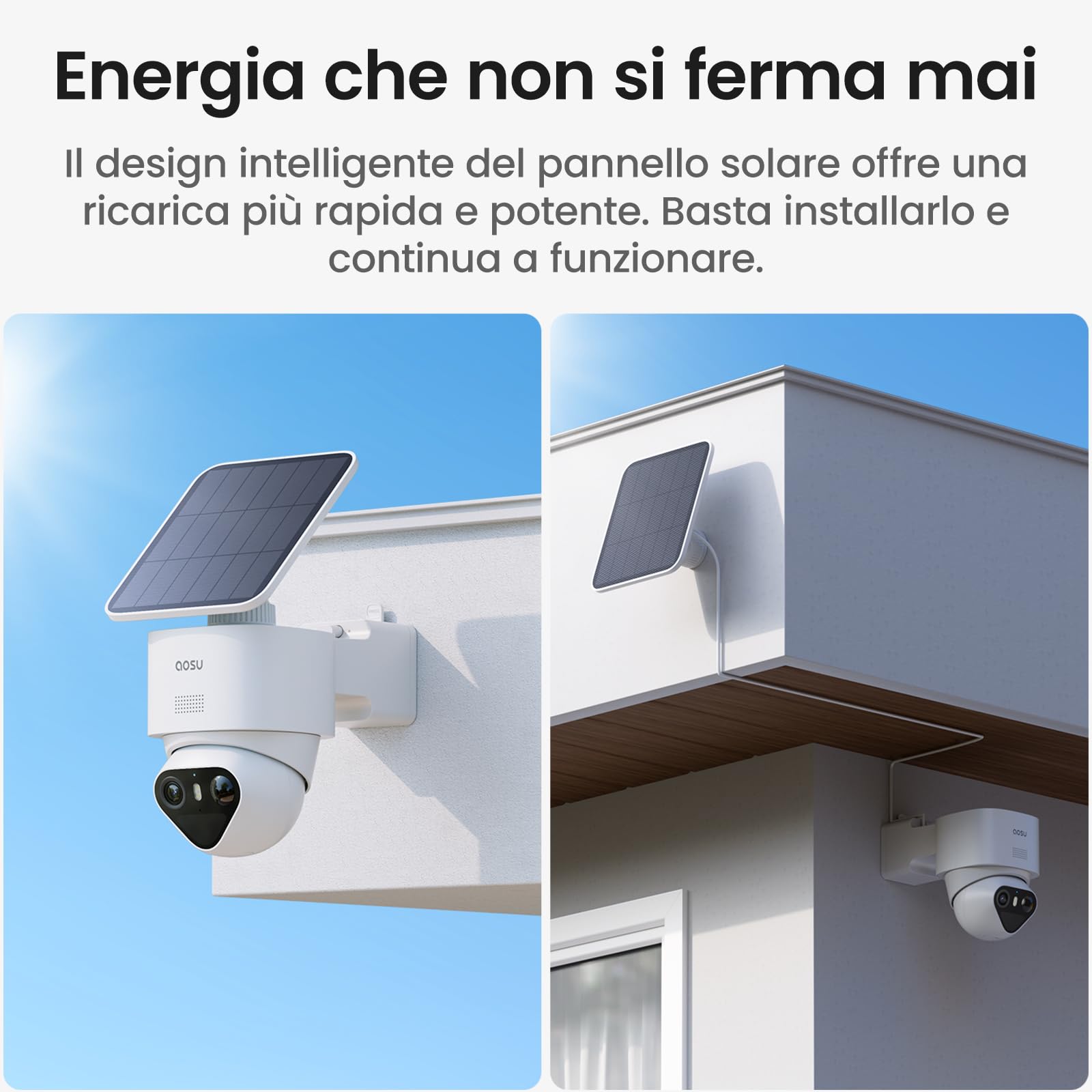 AOSU 4K Telecamera di sorveglianza esterna con solare batteria 10000mAh [TrueColor Visione notturna a colori] Radar con PIR rilevamento preciso 360° esterna con pannello solare removibile luce e suono