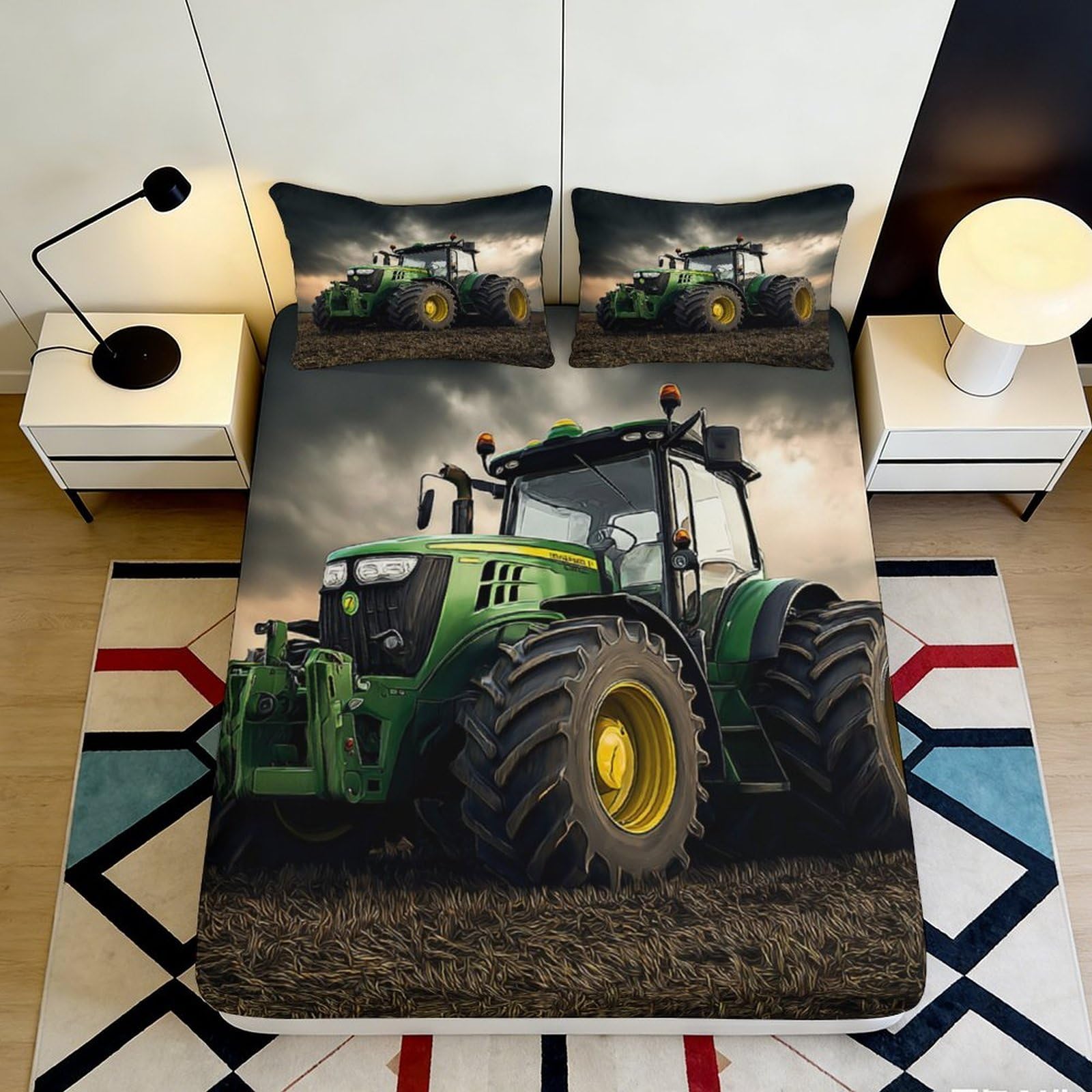 3D Printed Green Tractor Fitted Sheet Microfiber Soft Durable Farm Landscape Bed Cover for Bedroom Guest Room Decor 200x200x25cm