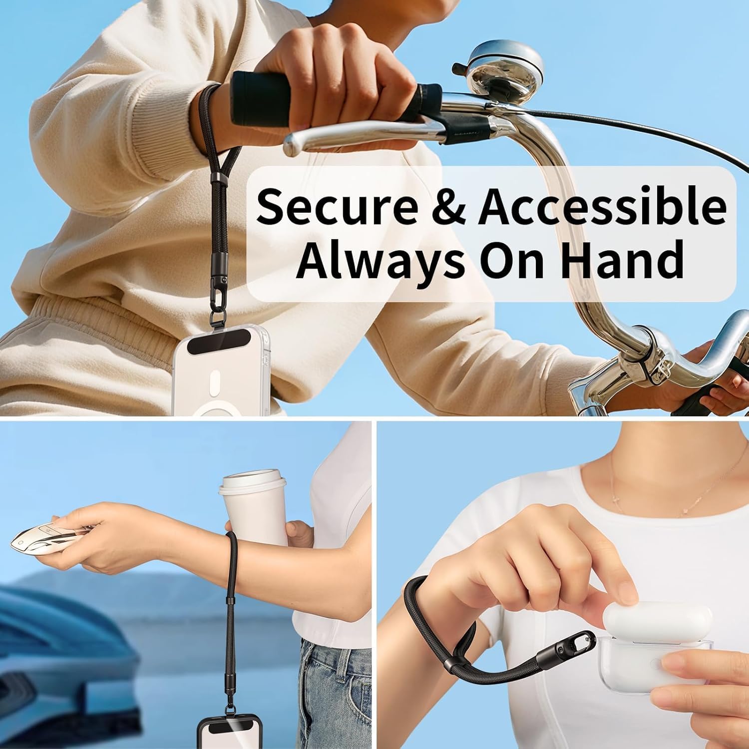 Phone Wrist Strap Lanyard Hand Universal Adjustable Phone Finger Grip Wristlet with 3 Patches Tether Anti Theft for iPhone 16 Pro Max 15 14 Charms for Keychain USB Flash Drive Wallet ID Name Tag Black - Image 6