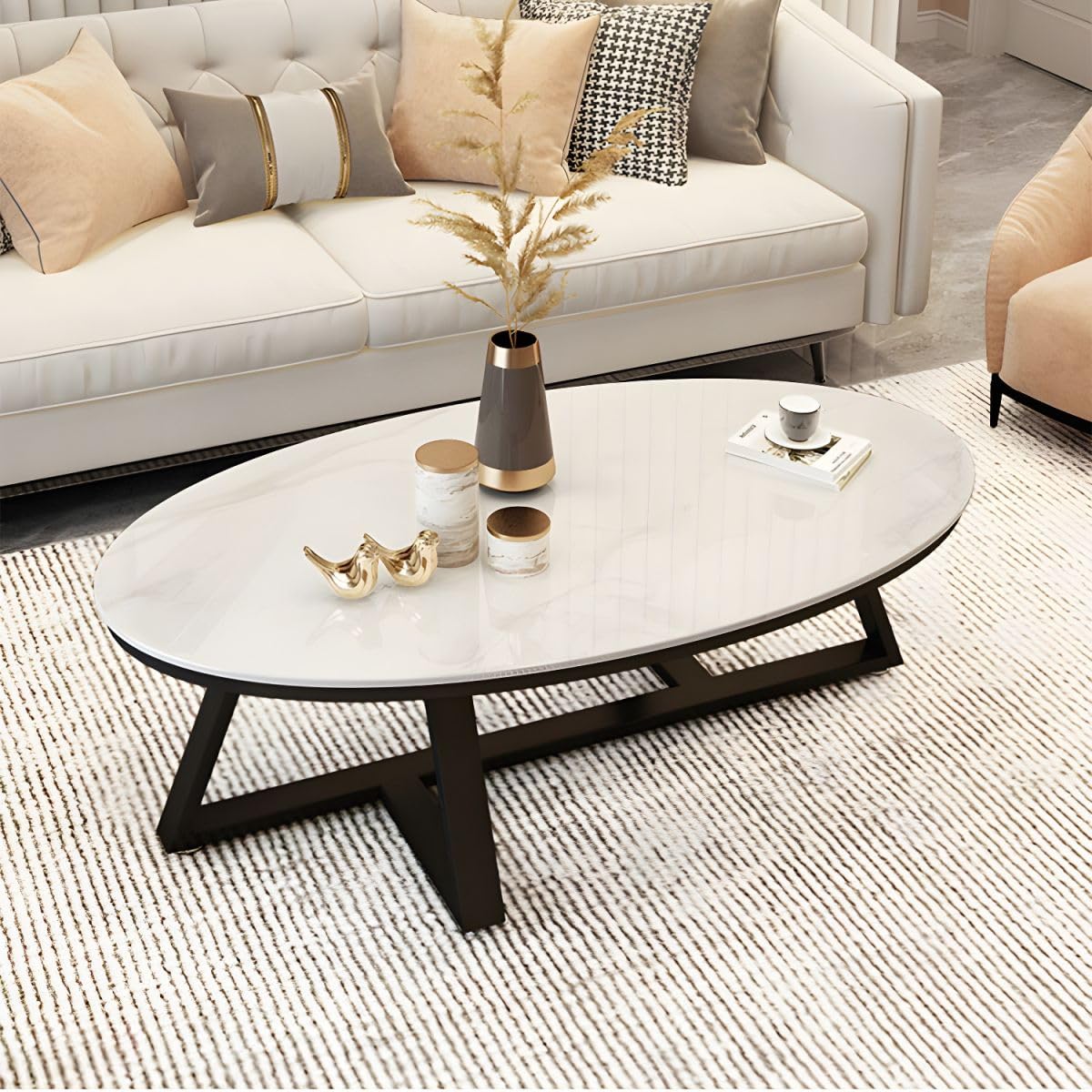 Tavolino da caffè ovale in ardesia nordico in marmo – grigio slish grigio/bianco, base nera moderna – 119,4 cm L x 61 cm L x 45,7 cm H – design contemporaneo Ele Living Room Fur