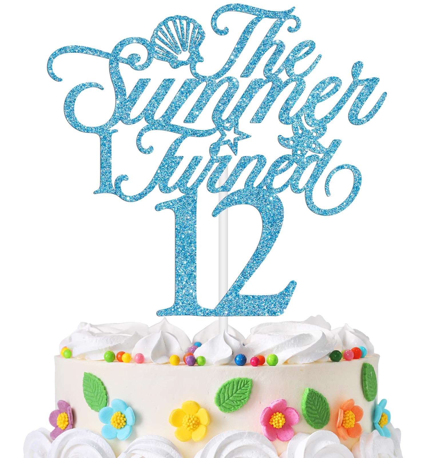 The Summer I Turned 12 Cake Topper, Summer 12th Birthday Cake Decor, Ocean Beach Under the Sea Theme 12 Years Old Birthday Party Decorations Supplies Blue Glitter