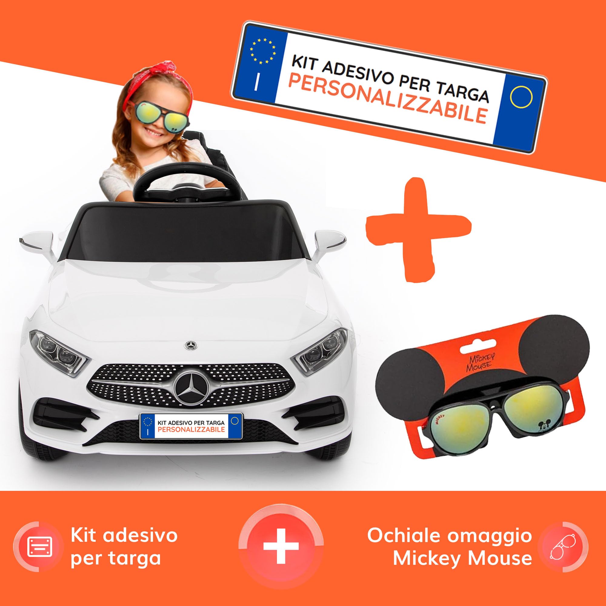 BabyCar Mercedes CLS 350 AMG | Macchina elettrica per bambini 12V 2x25W | Auto elettrica per bambini telecomandata, sedile pelle, porte apribili, MP3/USB | Licenza ufficiale | Bianca | Occhiali-Targa