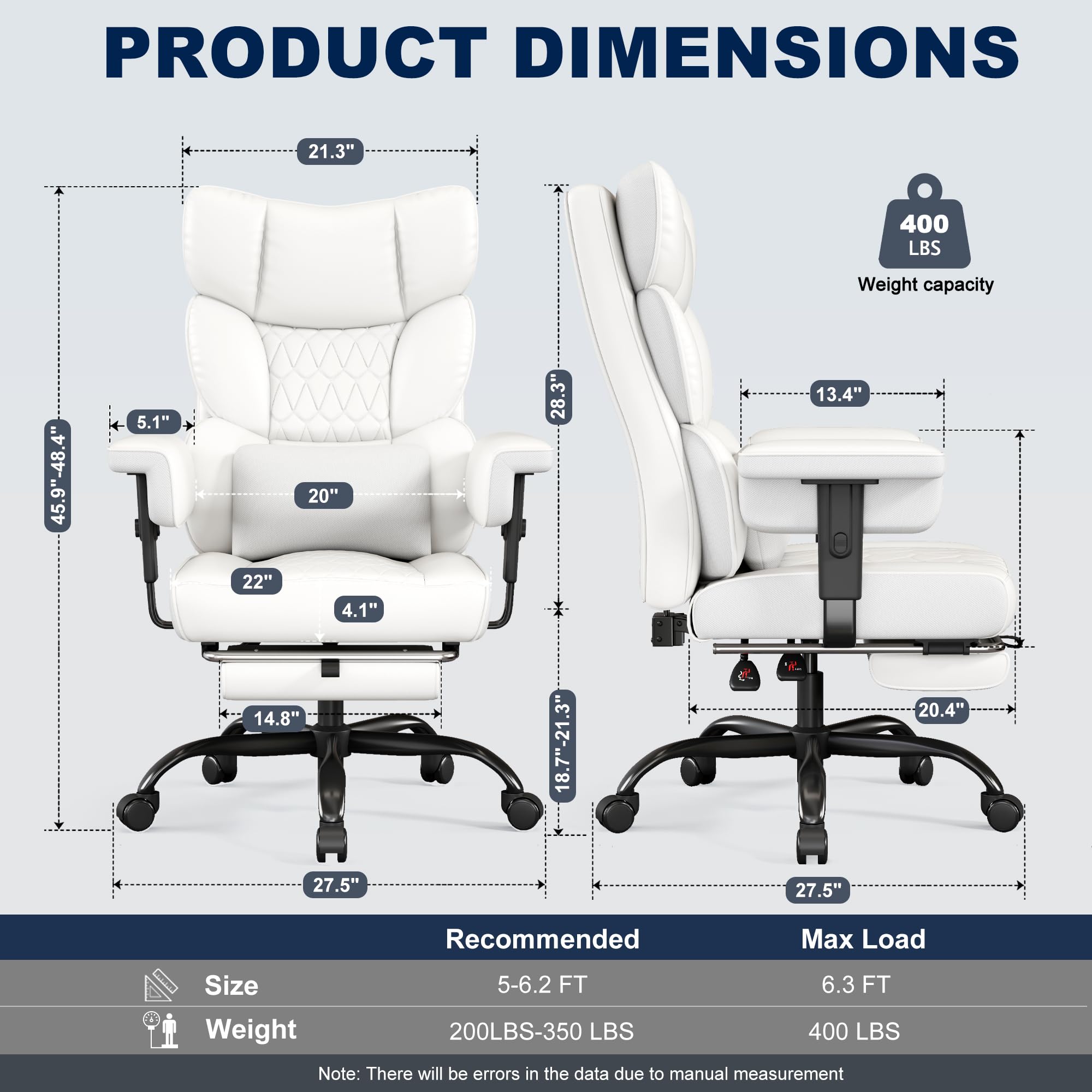 Misolant Big and Tall Office Chair with Footrest, High Back Executive Desk Chair with Adjustable Lift Armrest, 155°Recline，Lumbar Support Pillow, Faux Leather Gaming Chairs for Home or Office White
