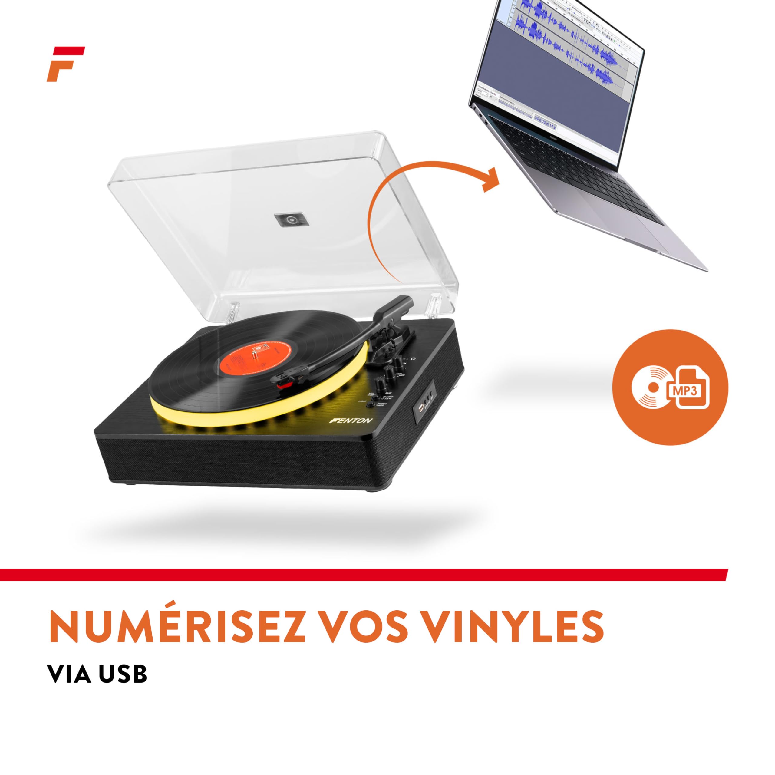Fenton RP162LED Platine Vinyle LED BT avec Haut-Parleurs Intégrés - Noir, Lecture 33, 45 et 78 Tours, Émetteur & Récepteur BLT, Une Platine Moderne et Déco avec Son Plateau LED