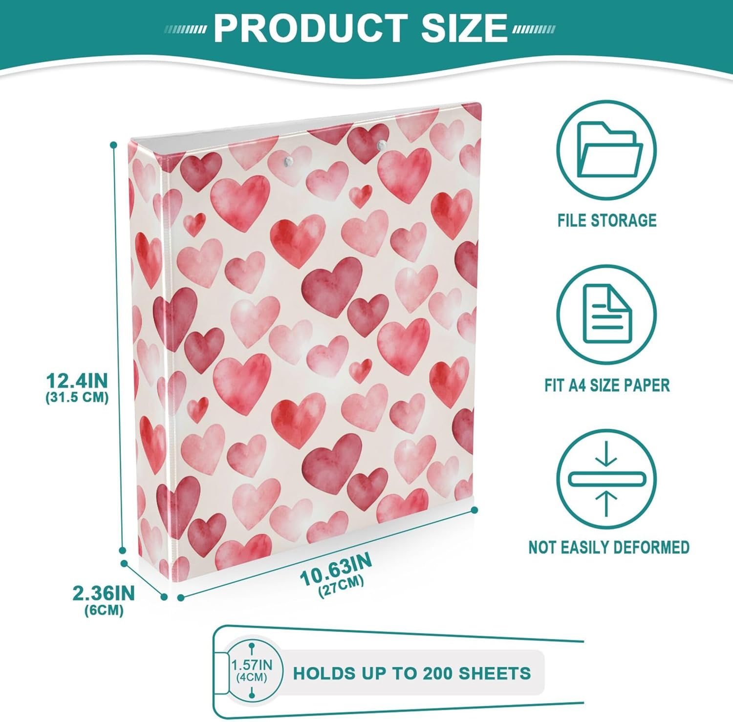 Valentine's Day Colorful Heart 3 Ring Binders, 1.5” Round Ring Binders with Clipboard - Letter Size, 3 Interior PVC Clear Pockets & Anti-Slip Clip for Office School Supplies, 2PCS