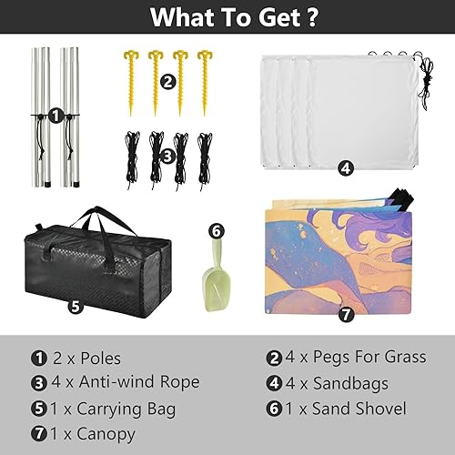 Miniatura 4 de Toldo de playa plegable para niños, protección UPF50+, ligero y portátil, refugio solar con sacos de arena y pala de arena para campamento, pícnics,