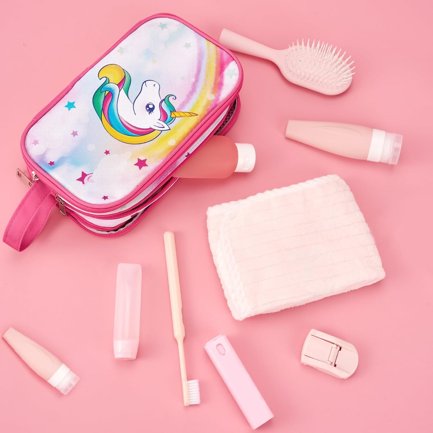 Toiletry Bag for Girls - Kids Toiletry Bag Christmas Birthday Gift Camping Travel Toiletry Case Toiletries Makeup Cosmetic Pouch Pink Water-resistant Wash Bag Dopp Kit with Mesh Pocket