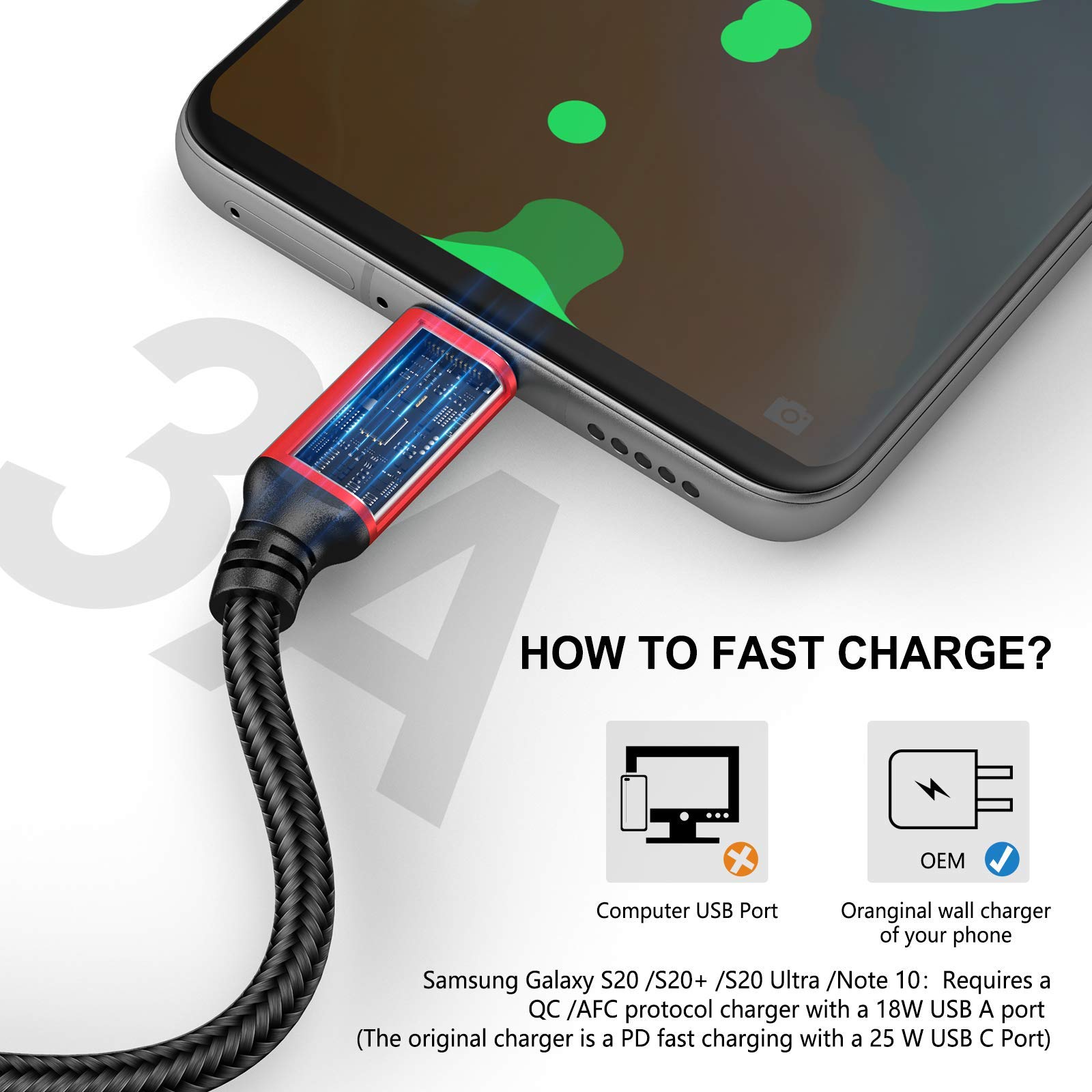 Paquete de 5 cables USB C de 10 pies/3 m, extra largo USB A a USB-C de 10 pies/3M tipo C, cable de carga rápida compatible con Galaxy S10 20 9 8 Plus a10e, cable de carga rápida trenzado para Note 10
