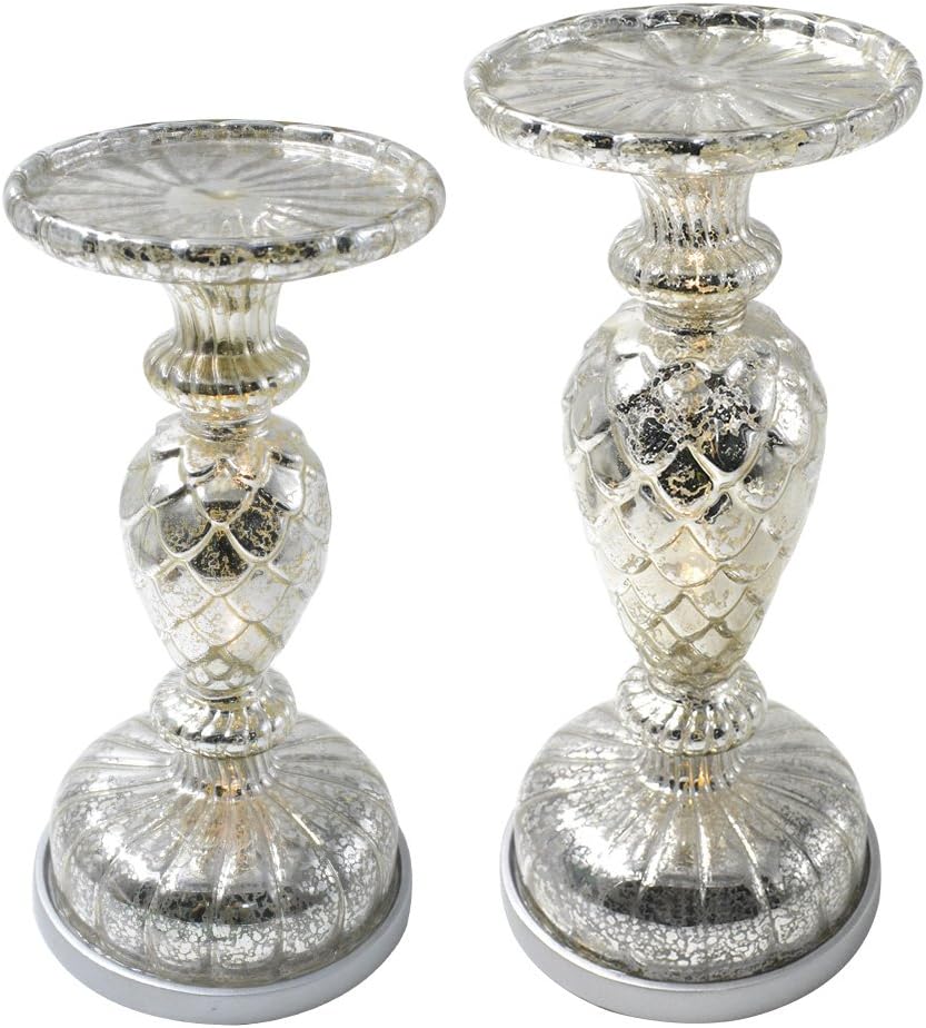 Dolucky Illuminated Mercury Glass Pedestal Pillar Candle Holder Set of 2 Silver