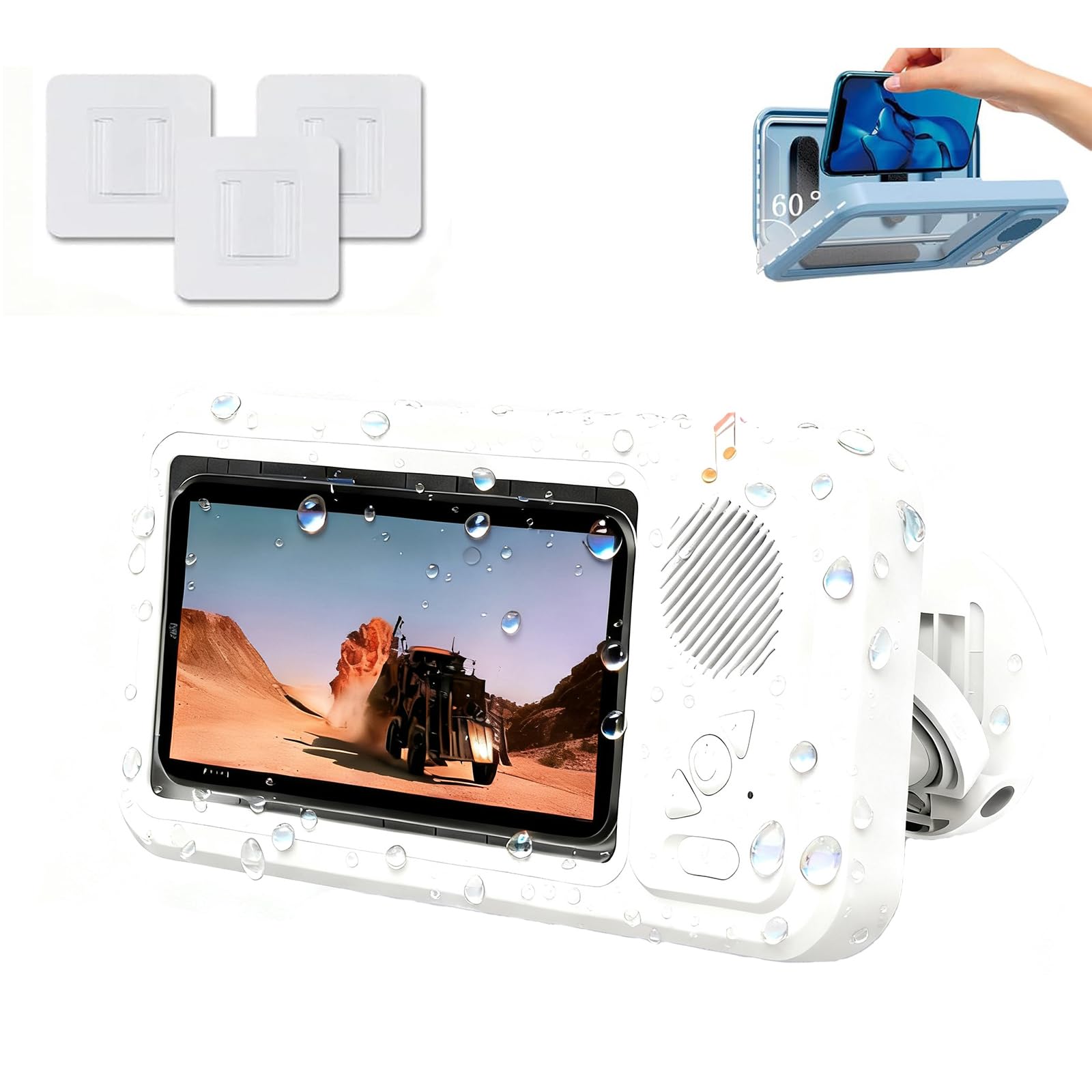 Generisch Waterproof Phone Case with Built-in Bluetooth Speaker, Shower Holder 360° Rotation & Suction Cup Mount, Touch Screen Compatible 4-10 Inch Cell Phones (White)