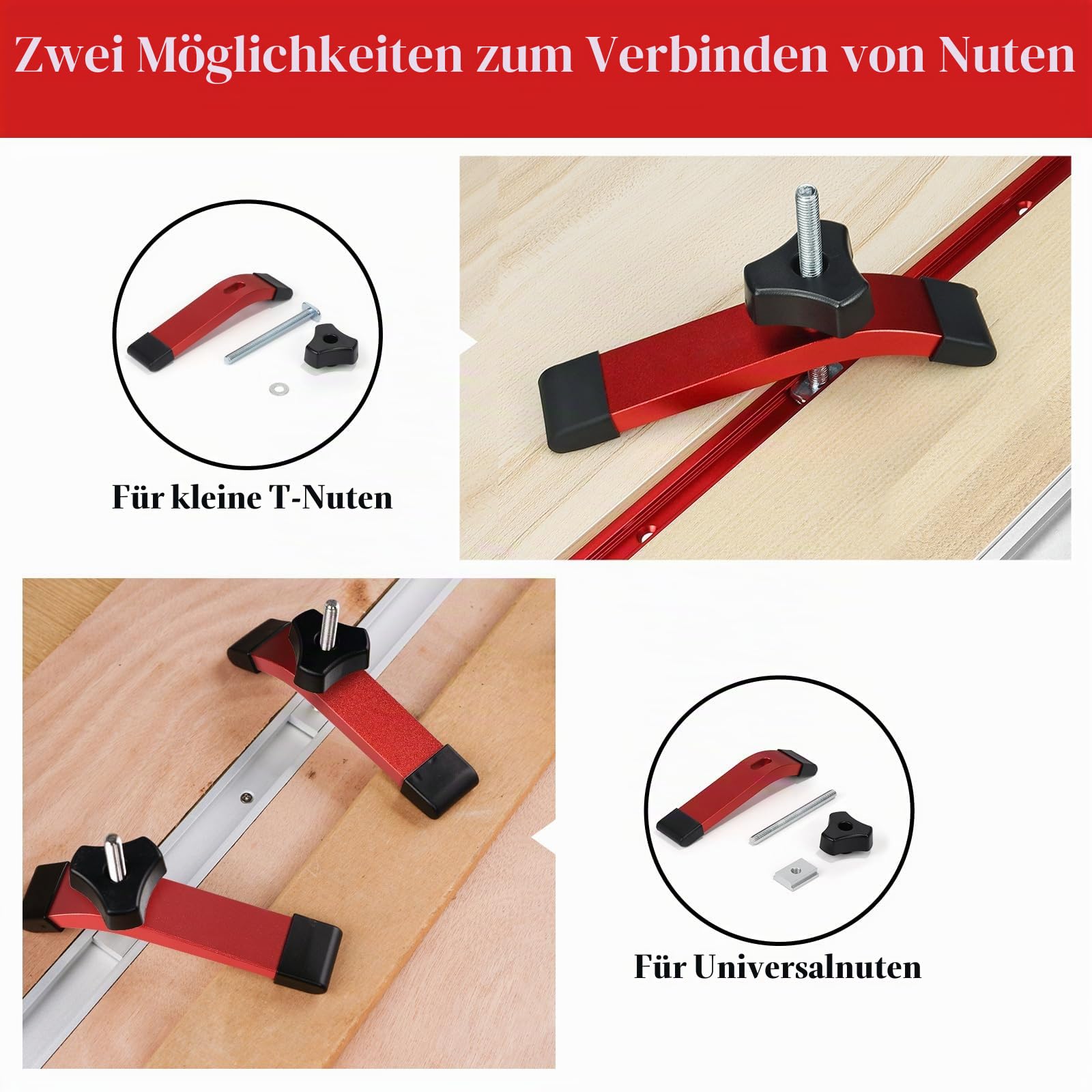 SWAWIS 4 Stück Rot Niederhalter T-Track T Nut Schiene Splint | Aluminiumlegierung T-Track Halteklammer Set, Schienenklemm Schnellspannklemmen für Werkzeug zur Holzbearbeitung