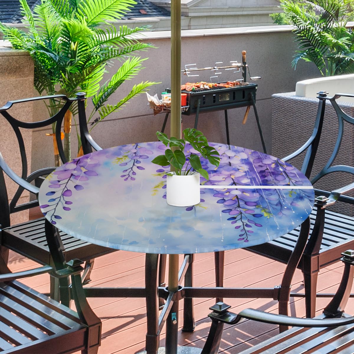 Round Outdoor Fitted Tablecloth with Umbrella Hole, Purple Flower Elastic Table Cloth Abstract Floral Waterproof Table Cover with Zipper for Patio Picnic, 45