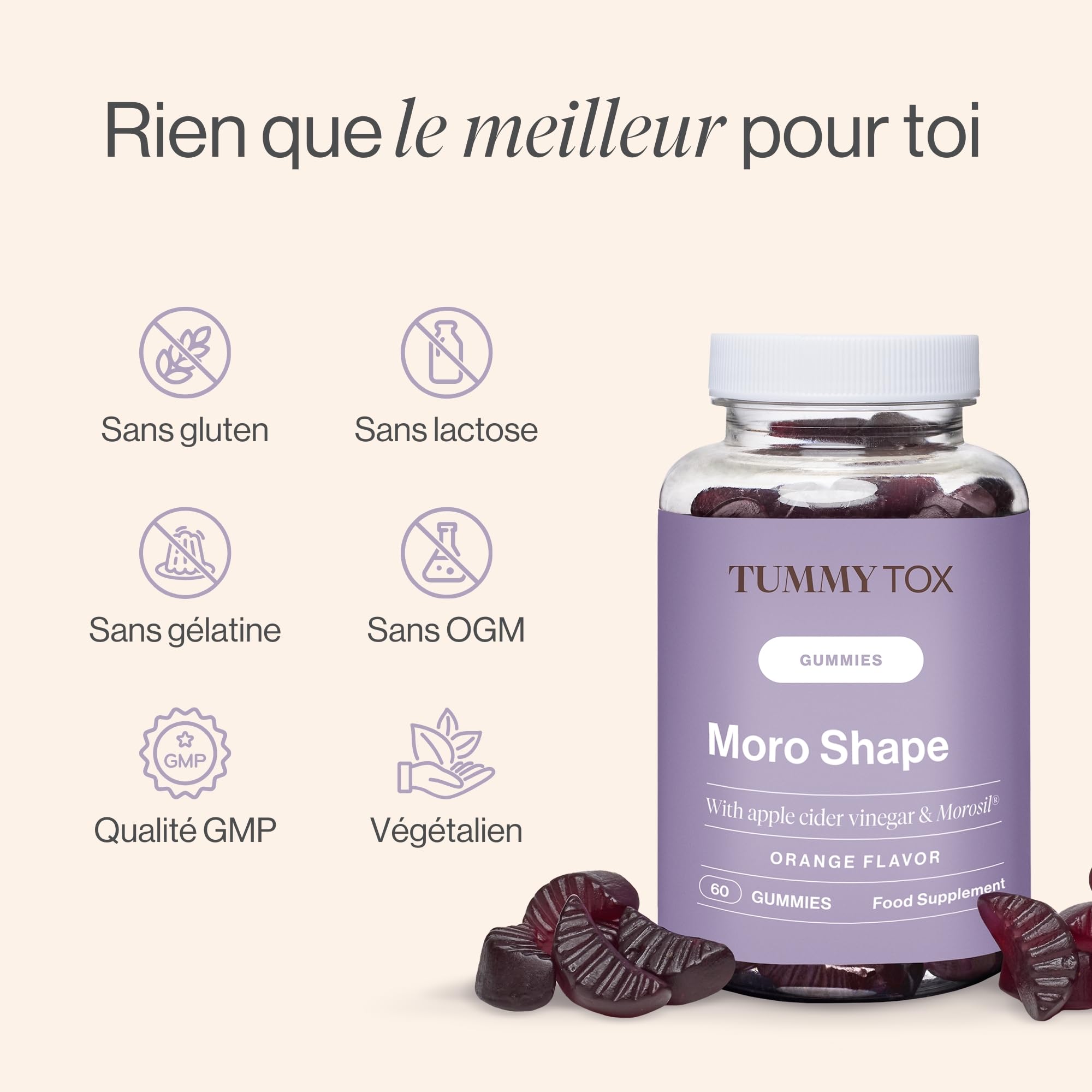 TummyTox Moro Shape - Gummies Vinaigre de Pomme, 60 Gummies | Morosil, Vitamine C et Extrait de Thé Vert, Goût Orange, Gummies Naturelles