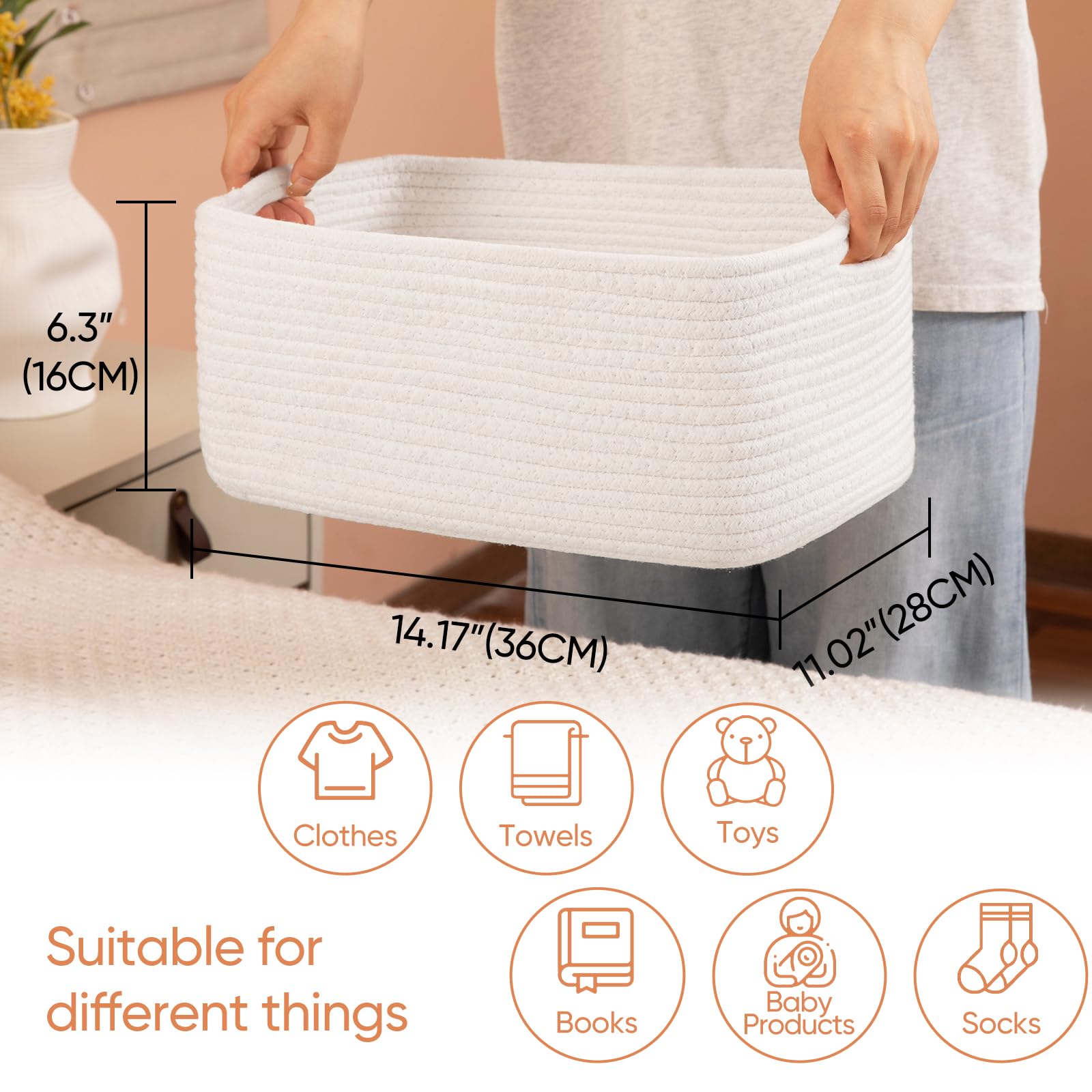 Paquete de 4 cestas de almacenamiento de 14.17 x 11.02 x 6.3 pulgadas para organizar estantes, cestas de cuerda tejida para organizar libros, ropa, cesta decorativa para sala de estar 2