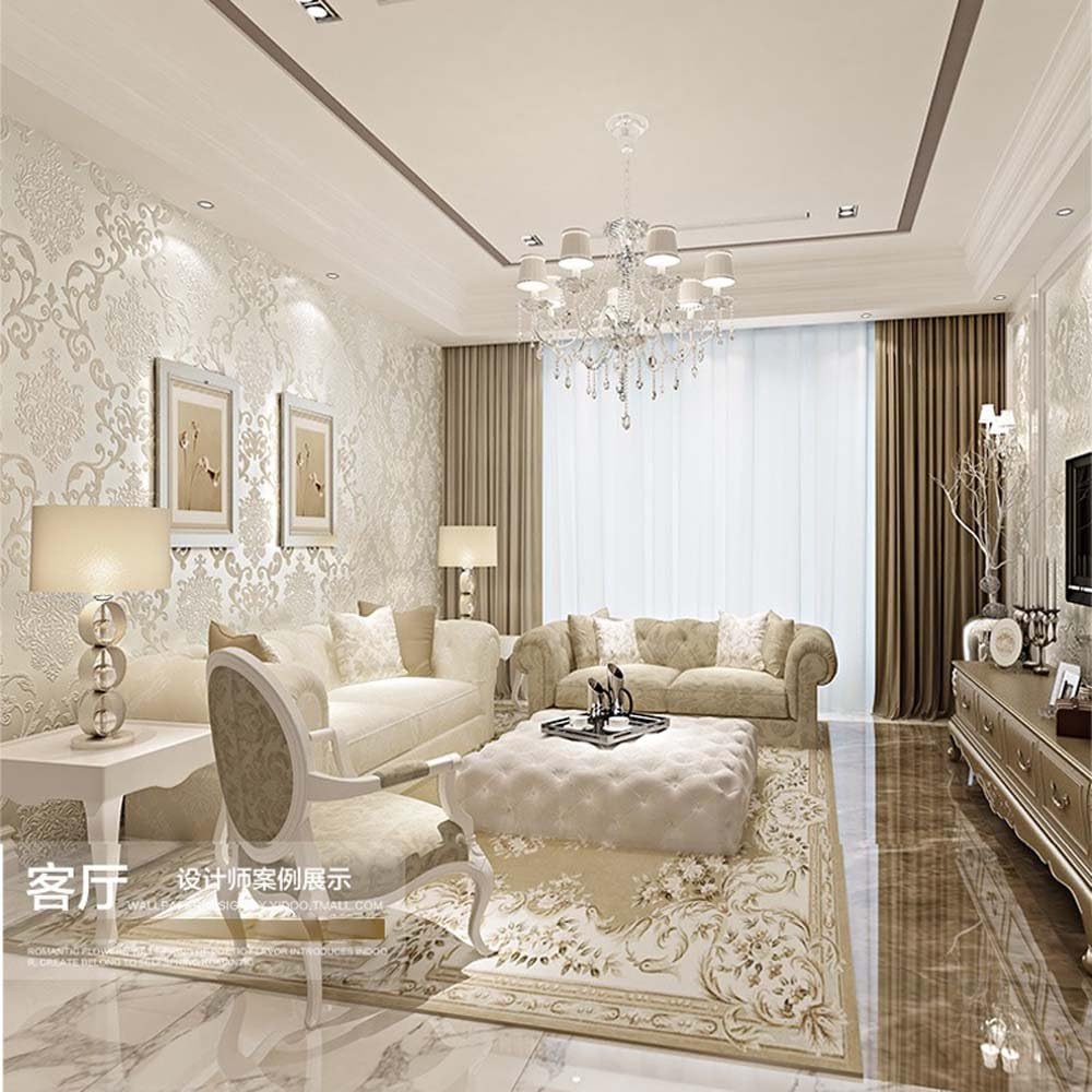 Q QIHANG DAWEI 3D Luxury Damask Pearl Powder Non-Woven Wallpaper Roll for Living Room Cream Color 1.73'W x 32.8'L