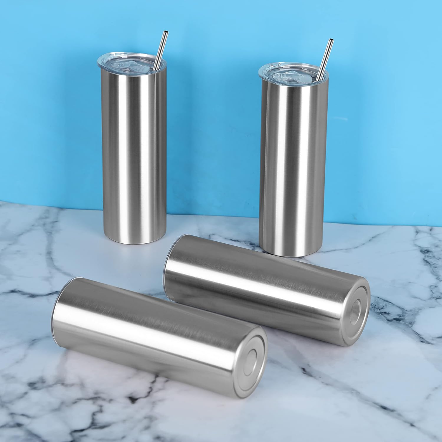 30 Oz Straight Skinny Tumbler Set, Stainless Steel Slim Skinny Travel Tumbler Bulk, Birthday Diy Gift For Women Friends Sisters, 4 Pack, Silver - Image 7