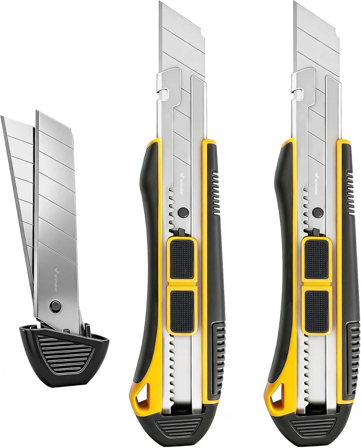 2-In-1 Safety Utility Knife 2 Pack Heavy Duty Retractable Box Cutter Set with 4 extra Wide 25mm Razor Sharp Blades for Cardboard, Boxes, DIY Crafts